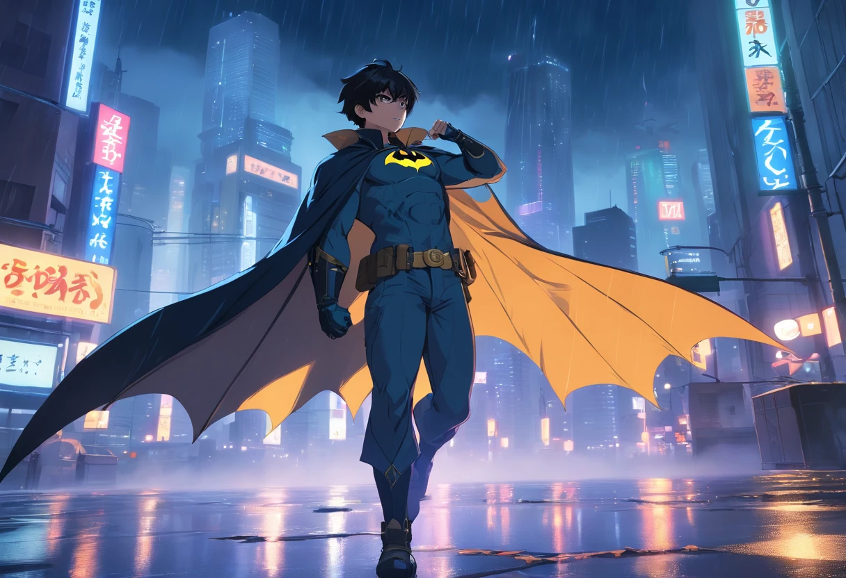 (highres,realistic:1.2,professional) Batman, dark and brooding, Gotham City, urban landscape, moonlit night, Bat-signal shining in the sky, cape flowing in the wind, detailed costume, muscular physique, intense expression, determined eyes, Batman's utility belt, grappling hook, Batarangs, Batmobile, Gotham City skyline, rain-soaked streets, vibrant neon lights, shadows and reflections, intense action, dynamic fighting poses, dramatic lighting, gritty atmosphere, smoke and fog, iconic bat logo on the chest, stealthy, vigilant guardian of the night.
