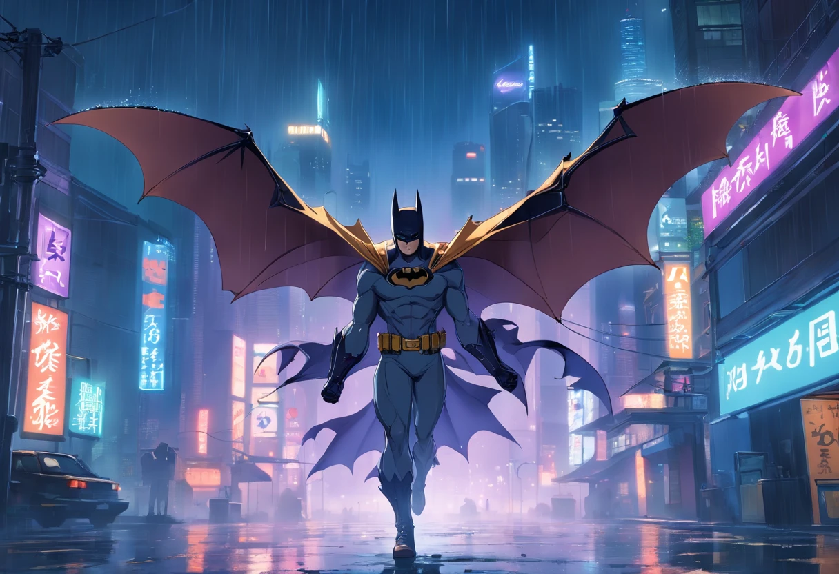 (highres,realistic:1.2,professional) Batman, dark and brooding, Gotham City, urban landscape, moonlit night, Bat-signal shining in the sky, cape flowing in the wind, detailed costume, muscular physique, intense expression, determined eyes, Batman's utility belt, grappling hook, Batarangs, Batmobile, Gotham City skyline, rain-soaked streets, vibrant neon lights, shadows and reflections, intense action, dynamic fighting poses, dramatic lighting, gritty atmosphere, smoke and fog, iconic bat logo on the chest, stealthy, vigilant guardian of the night.