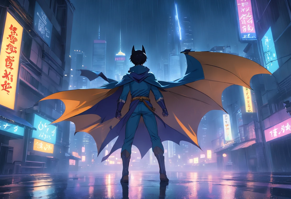 (highres,realistic:1.2,professional) Batman, dark and brooding, Gotham City, urban landscape, moonlit night, Bat-signal shining in the sky, cape flowing in the wind, detailed costume, muscular physique, intense expression, determined eyes, Batman's utility belt, grappling hook, Batarangs, Batmobile, Gotham City skyline, rain-soaked streets, vibrant neon lights, shadows and reflections, intense action, dynamic fighting poses, dramatic lighting, gritty atmosphere, smoke and fog, iconic bat logo on the chest, stealthy, vigilant guardian of the night.