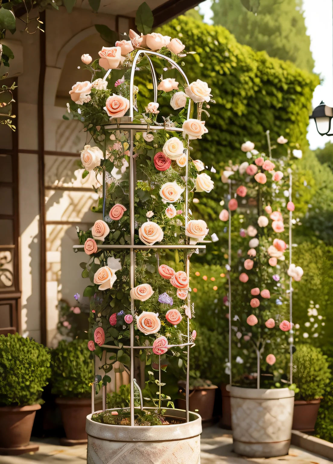 There are two plantations in the garden,It has roses growing on it, the flower tower, Rose garden, Rose, elegant high quality, crown of mechanical peach roses, Beautiful image, gardening, flowers garden, portal made of roses, stunning visuals, pillar, arbor, Beautiful composition, rose-brambles, rose twining, best selling, cottagecore flower garden