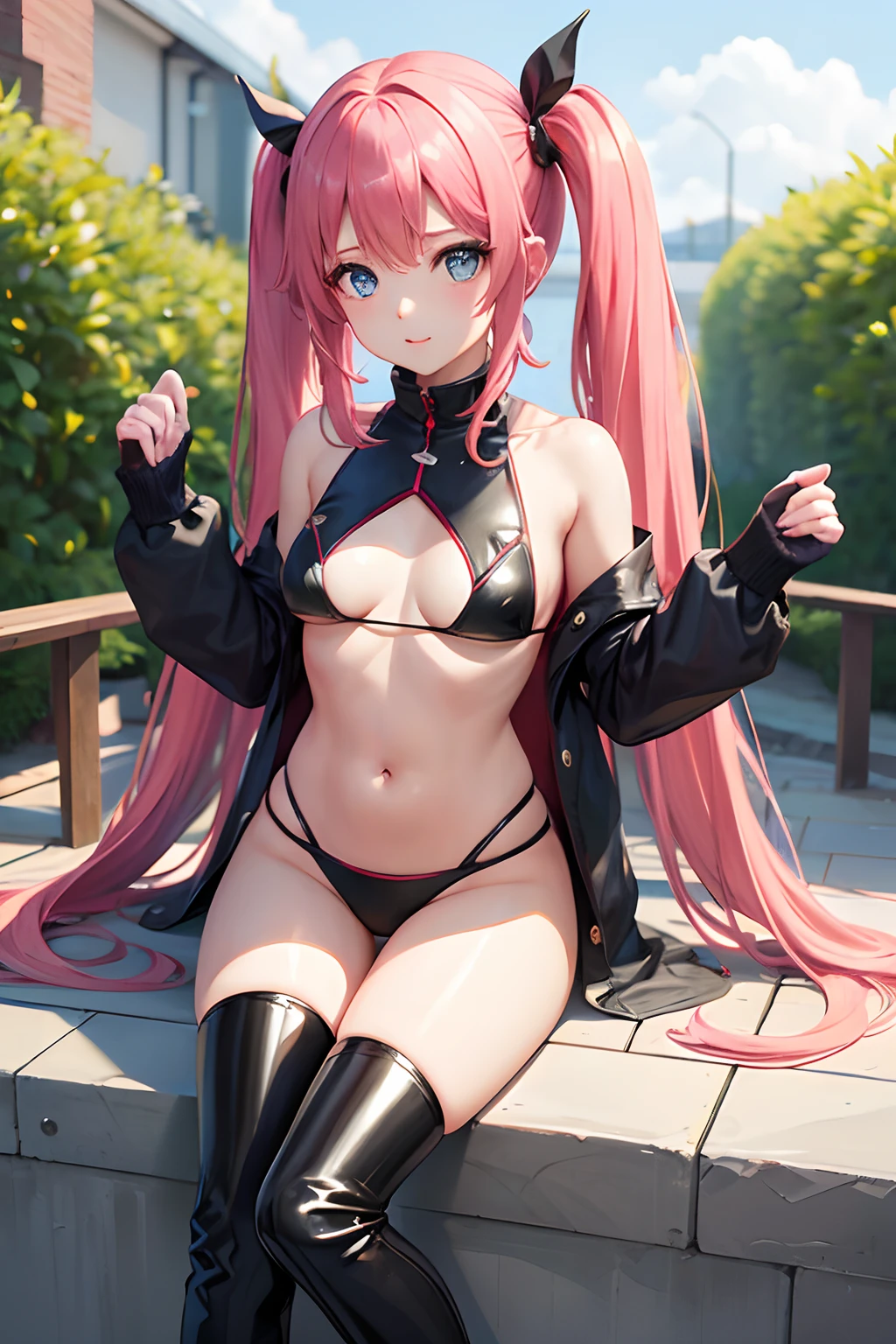 1female、When I was reincarnated, I was a slime character（Mirim）、​masterpiece、top-quality、precise、animesque、Demon King Mirim、Aimei、Beautiful blue eyes、A pink-haired、Twin-tailed、Proud twintails、bikini-armor、Black Bikini Armor、small tits、True to the original、long boots、Long boots in red、Supporter on right thigh、Tricolor supporters、