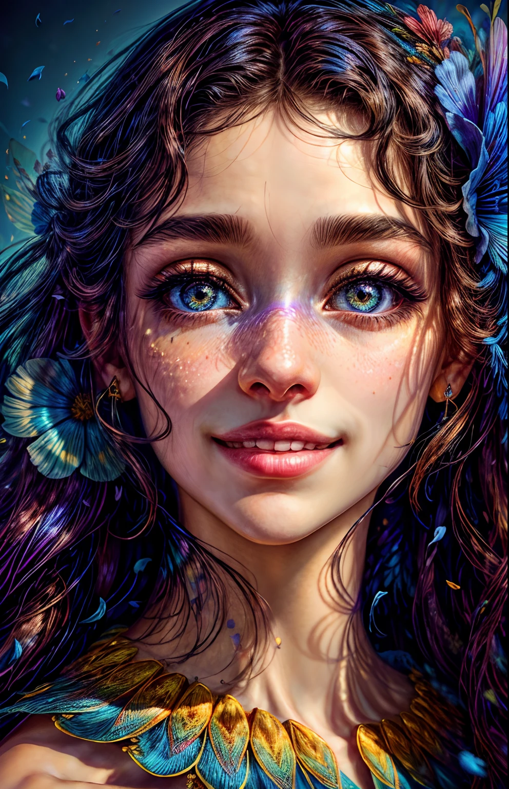 Studio portrait, fundo floral e misterioso, uma mulher Elfa princesa com estilo celta, (((cor do cabeloo iridescente))),(Colouring),(olhos bonitos finamente detalhados e rosto detalhado, flowers in head,Cinematic lighting,extremamente detalhado CG unidade 8k papel de parede,((flying petal)),(Prado florido), (((vestido azul detalhado))), , estilo cool, alto fundo detalhado , gorgeous, elegante, colar de ouro simples, dynamic pose, Realistic, detailed face expression, belo rosto hipnotizante, Feliz, Sorriso aberto, (Olhos azuis Brilhantes:1.14), pele da vida real, 8k, detalhes intrincados, professional lighting, tiro de corpo inteiro, dynamic angle shot