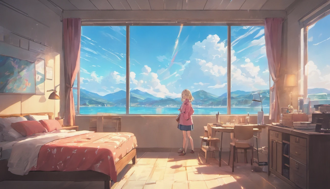 inside in room,janelas,Clouds drifted through the windows,Indoor and sea,Postmodern art style,pop-art