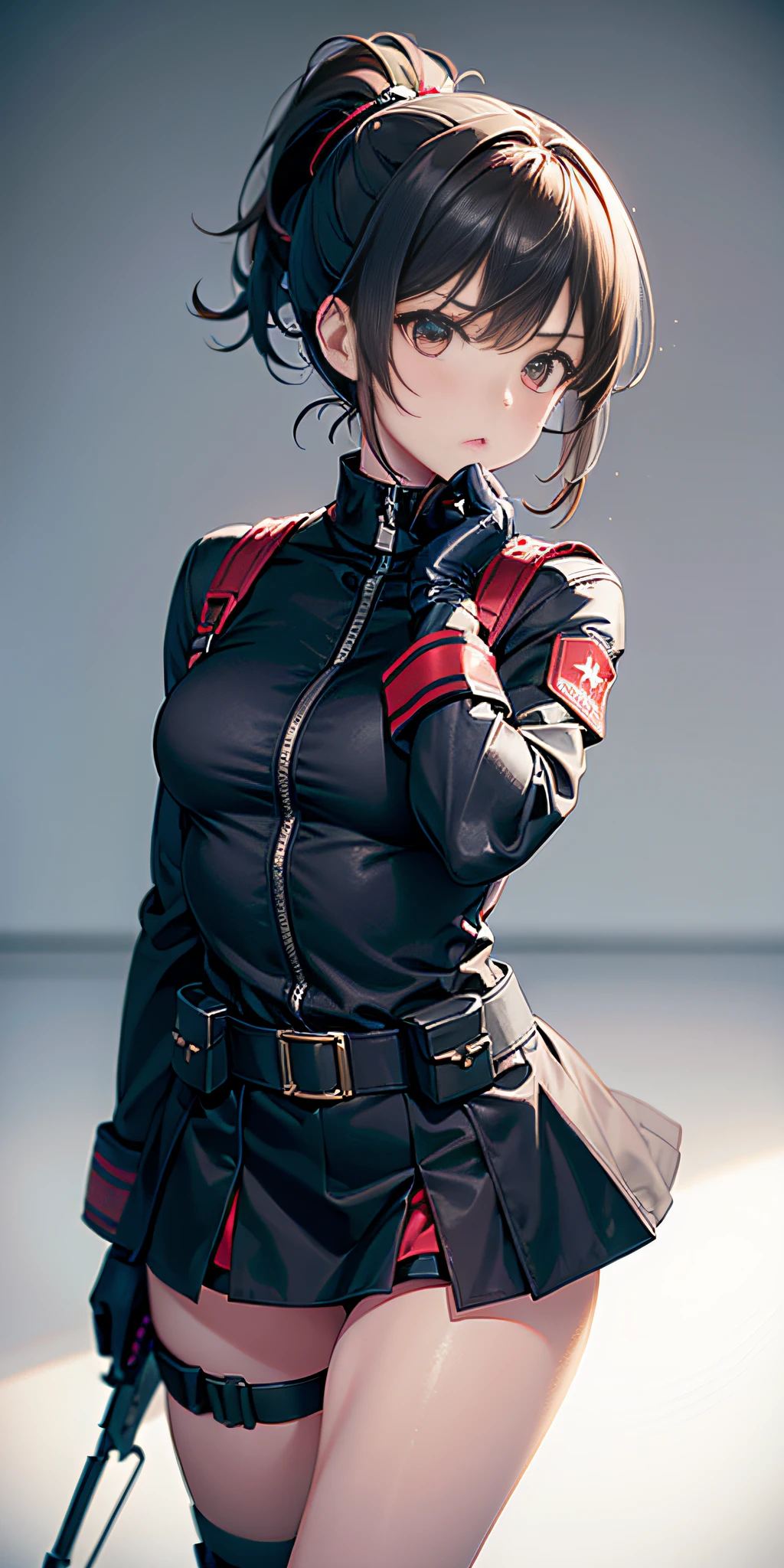 only 1 girl, folded_ponytail, guantes, pistola, militar, nano_miniskirt de mitad de largo en military_uniform, rifle, cielo, solo, upper_body, arma mirando al espectador, obra maestra, mejor calidad,