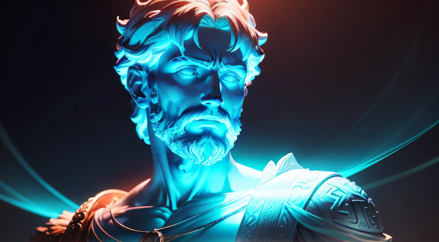 Stoic male statue, Greek Zeno of Citium exuding powerful figure shining, Deep down there is chaos, something that shows as destruction and pain, But the statue remains firm and strong, ultra-realistic |, (extremely colorful:1.3), (realistic), (Bio-luminescence:1.3), highly detailed, hyper realistic, Perfect artwork, master piece, best quality, high, layered lighting -- 4K