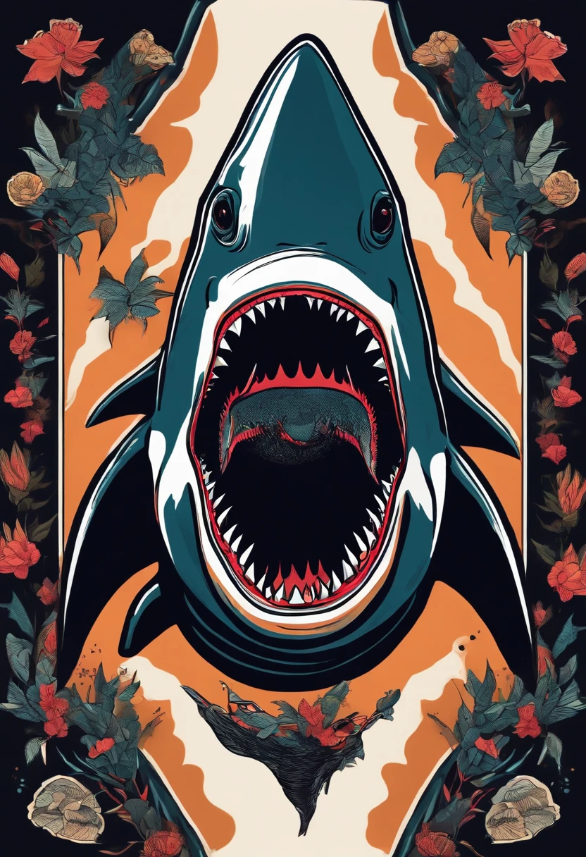 /imagine prompt: Shark illustration with black background sticker, Bold outline style, Jagged edges, Trash core, Light Shadow --V 5.2
