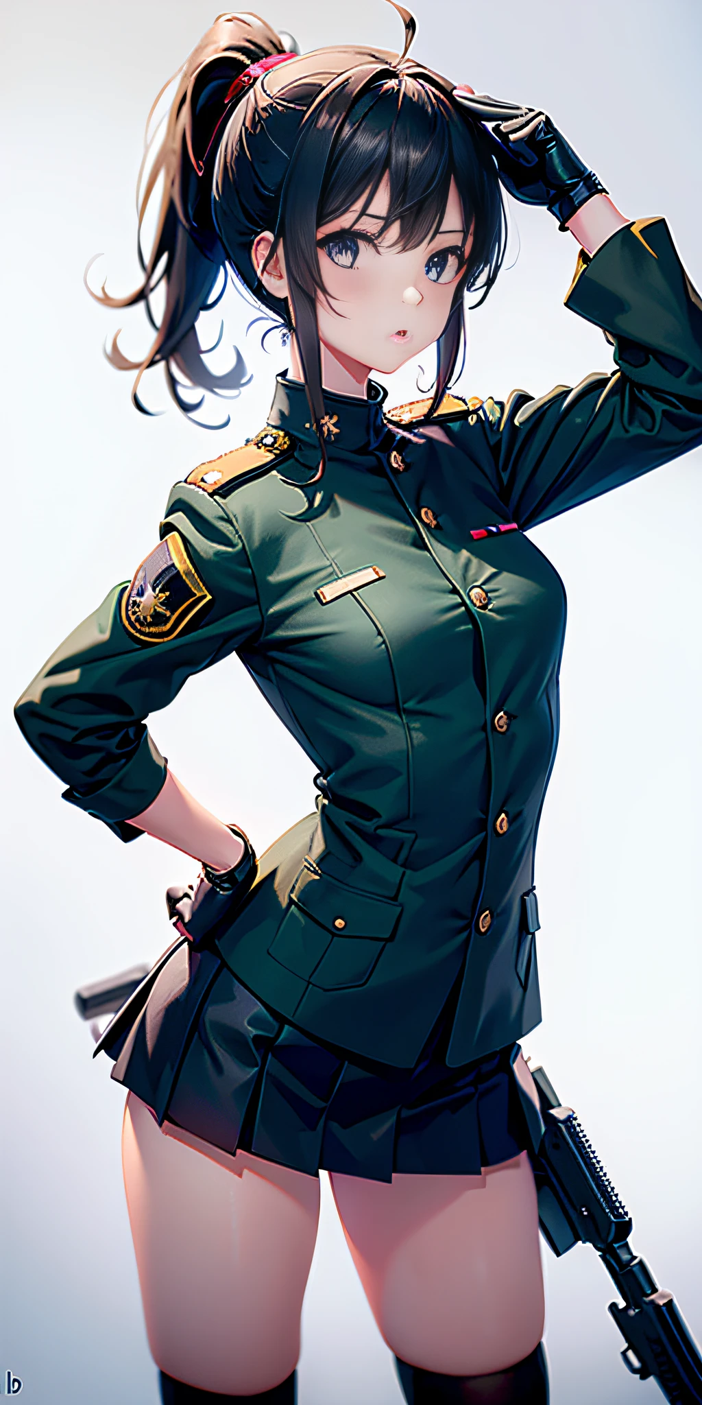 only 1 girl, folded_ponytail, guantes, pistola, militar, nano_miniskirt de mitad de largo en military_uniform, rifle, cielo, solo, upper_body, arma mirando al espectador, obra maestra, mejor calidad,