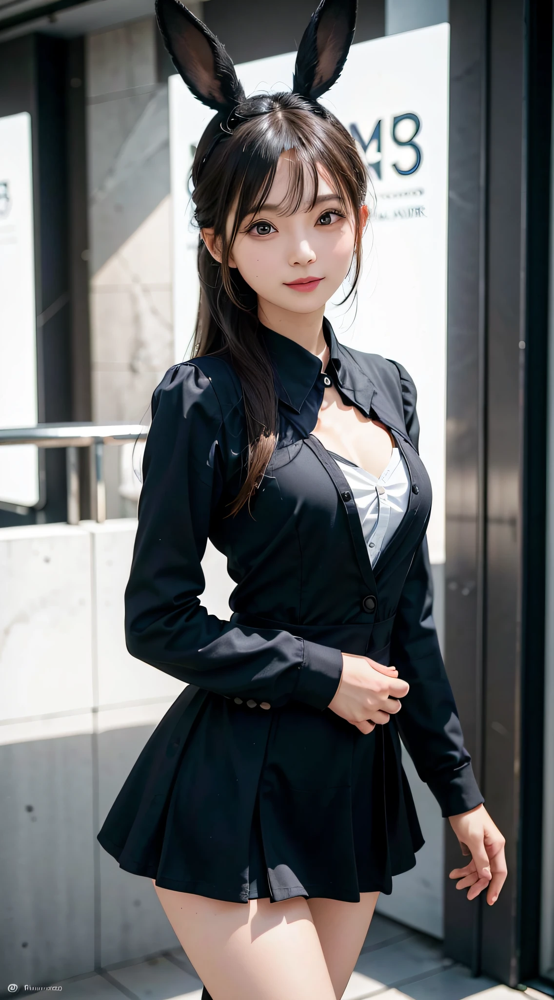 girl,(Wearing a bunny girl uniform),Smile and look at the camera,(Black hair),(with a good figure),with fair skin,Cute ultra-clear picture,(Raised sexy),(Live-action photo)shine,8K,Ultra-clear image quality,Black Bunny Girl Uniform,With rabbit-eared hairpins,(Ultra photo realsisim),(Bare chest)
