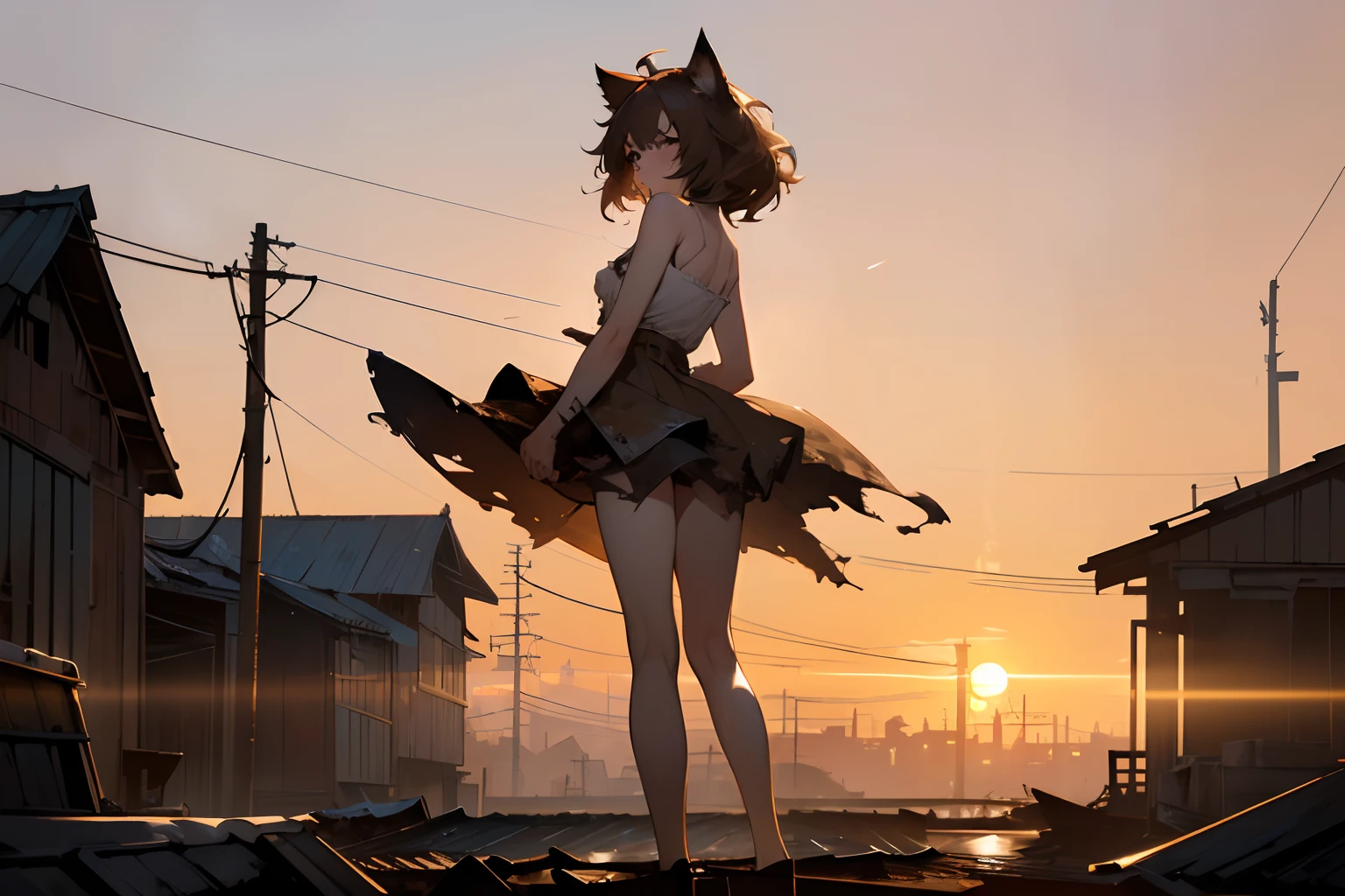 ((Masterpiece)), 8K, from behind, wide-shot, cinematic lighting, very messy hair,(stand with one's legs spread apart, on the dirty roof, sunset), (exposed breast, tattered and torn dirty oversized white-camisole, Slender small breasts), slum townscape, Textured skin, cat ears, pale brown hair, Cute Beautiful girl