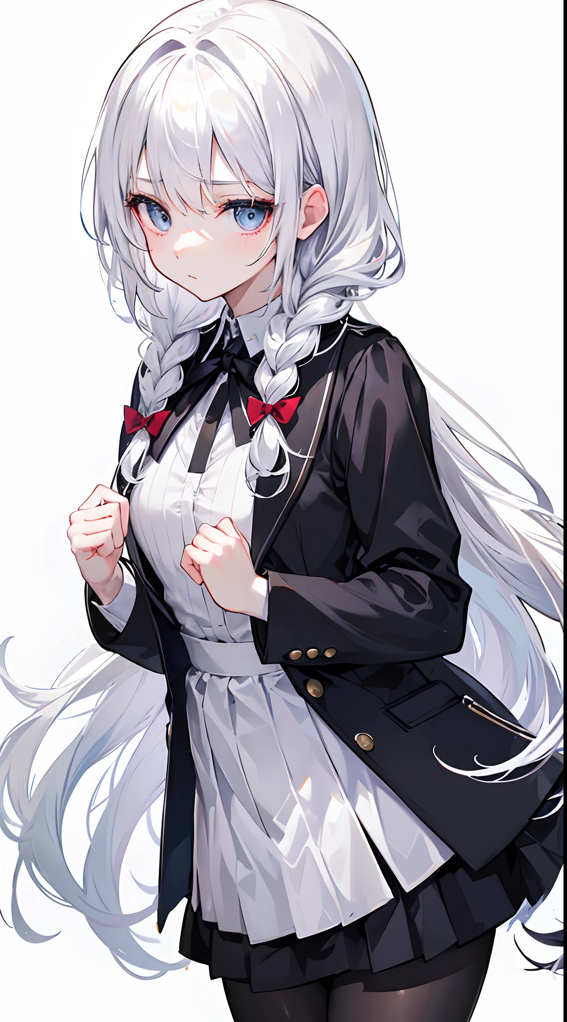 Solo,Facing the viewing angle,White hair,Fishtail braided hairstyle,Braids that hang down the chest,Black school uniform,Black silk tights all over,,Black colored eyes,Black pantyhose,A helpless expression,Fold your hands to your chest,stand posture,White background