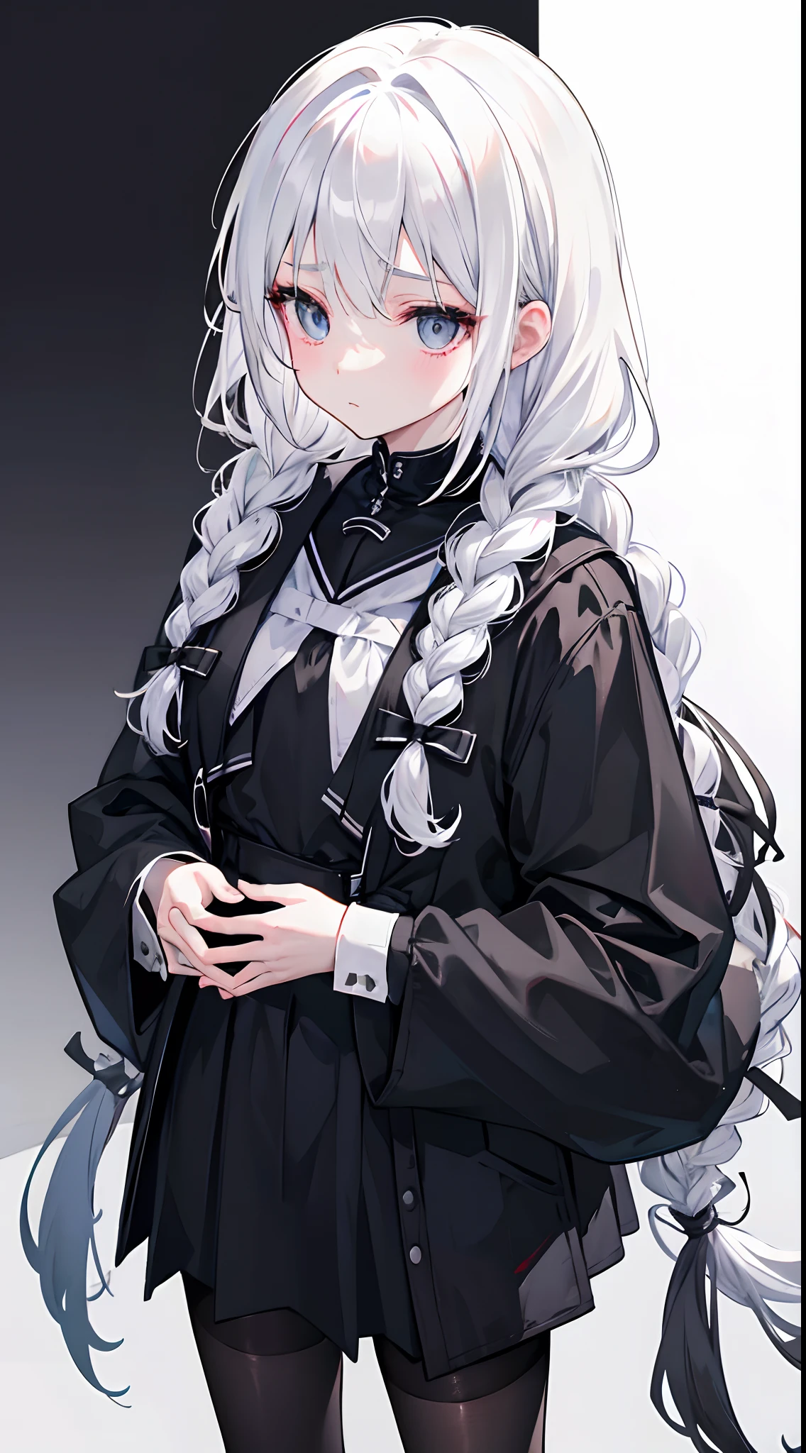 Solo,Facing the viewing angle,White hair,Fishtail braided hairstyle,Braids that hang down the chest,Black school uniform,Black silk tights all over,,Black colored eyes,Black pantyhose,A helpless expression,Fold your hands to your chest,stand posture,White background