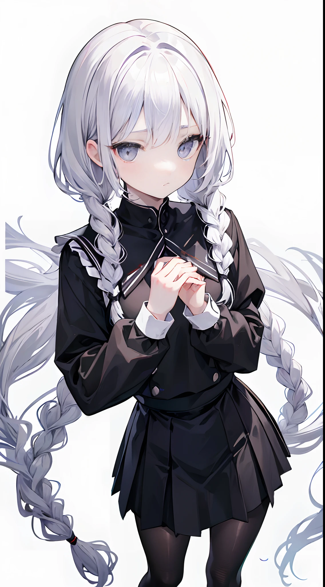 Solo,Facing the viewing angle,White hair,Fishtail braided hairstyle,Braids that hang down the chest,Black school uniform,Black silk tights all over,,Black colored eyes,Black pantyhose,A helpless expression,Fold your hands to your chest,stand posture,White background