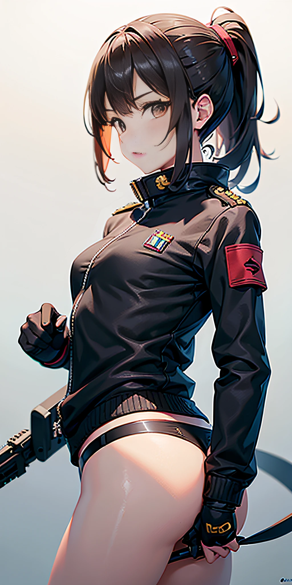 only 1 girl, folded_ponytail, guantes, pistola, militar, nano_miniskirt de mitad de largo en military_uniform, rifle, cielo, solo, upper_body, arma mirando al espectador, obra maestra, mejor calidad,
