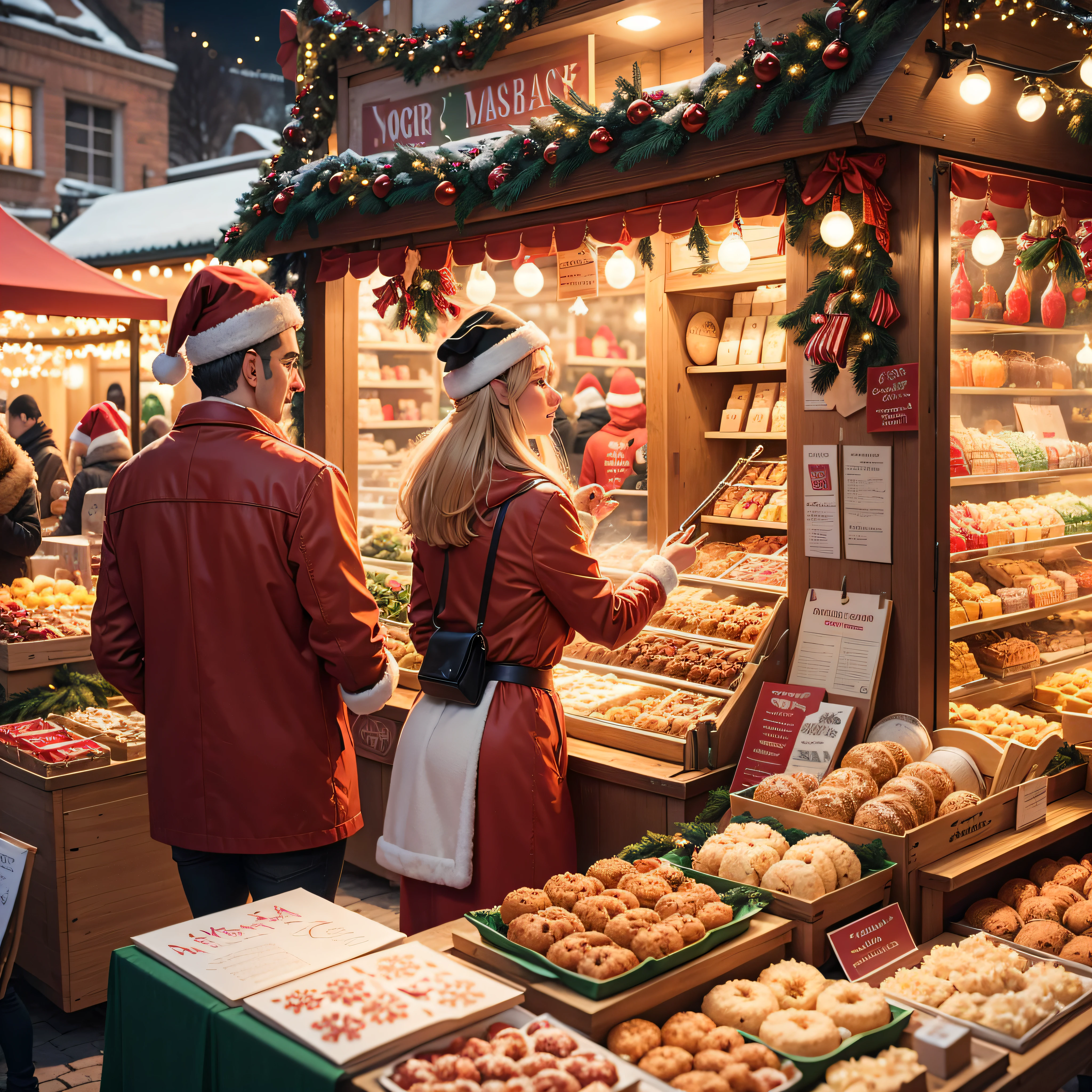 Christmas Market: A bustling Christmas market with festive stalls selling holiday treats, ornaments, and gifts.