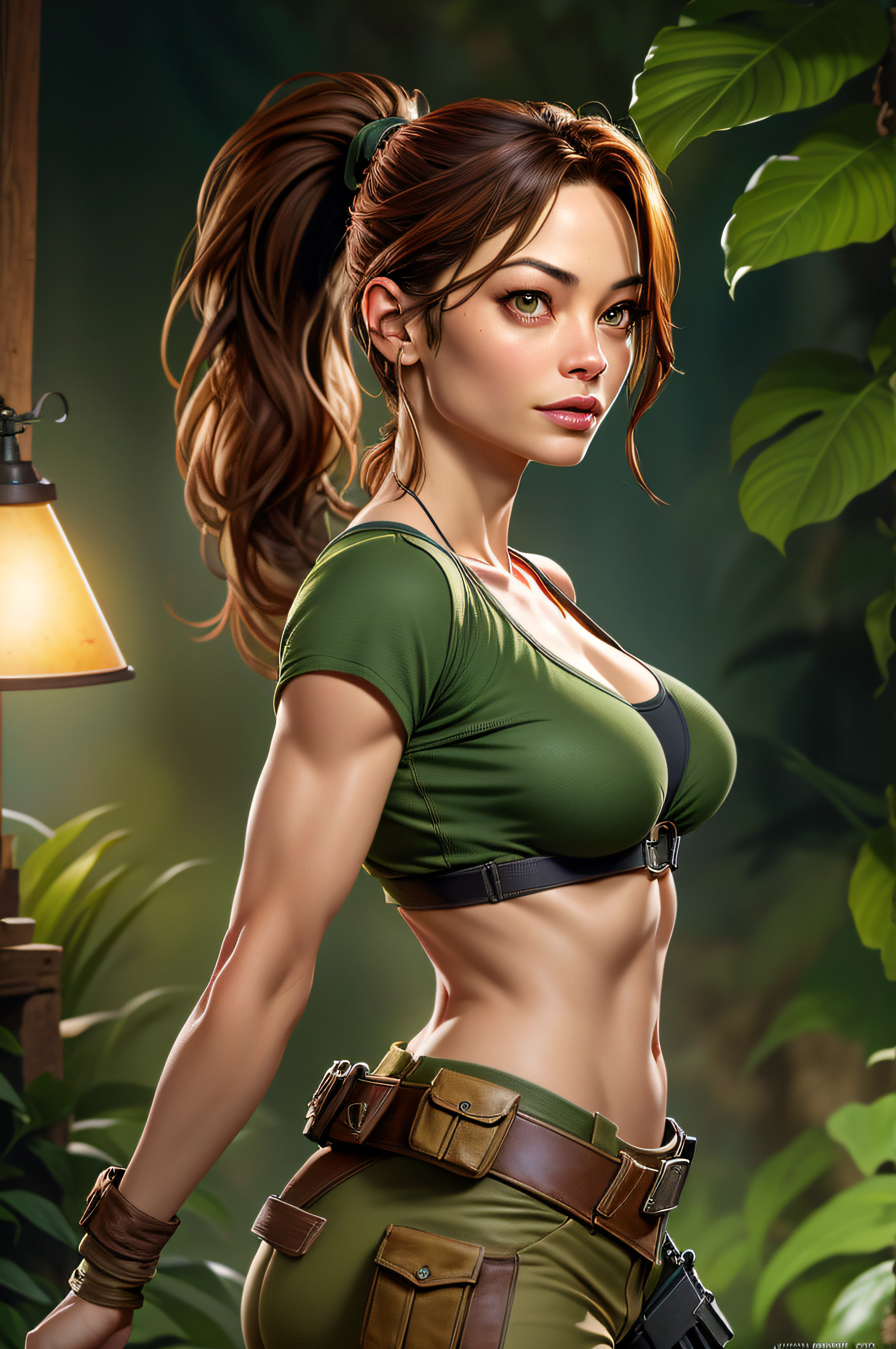 Poster, Best quality, best lighting, Kristin Kreuk (1/3), ponytail et yeux verts dans une tenue de Lara Croft, adventuress, jungle