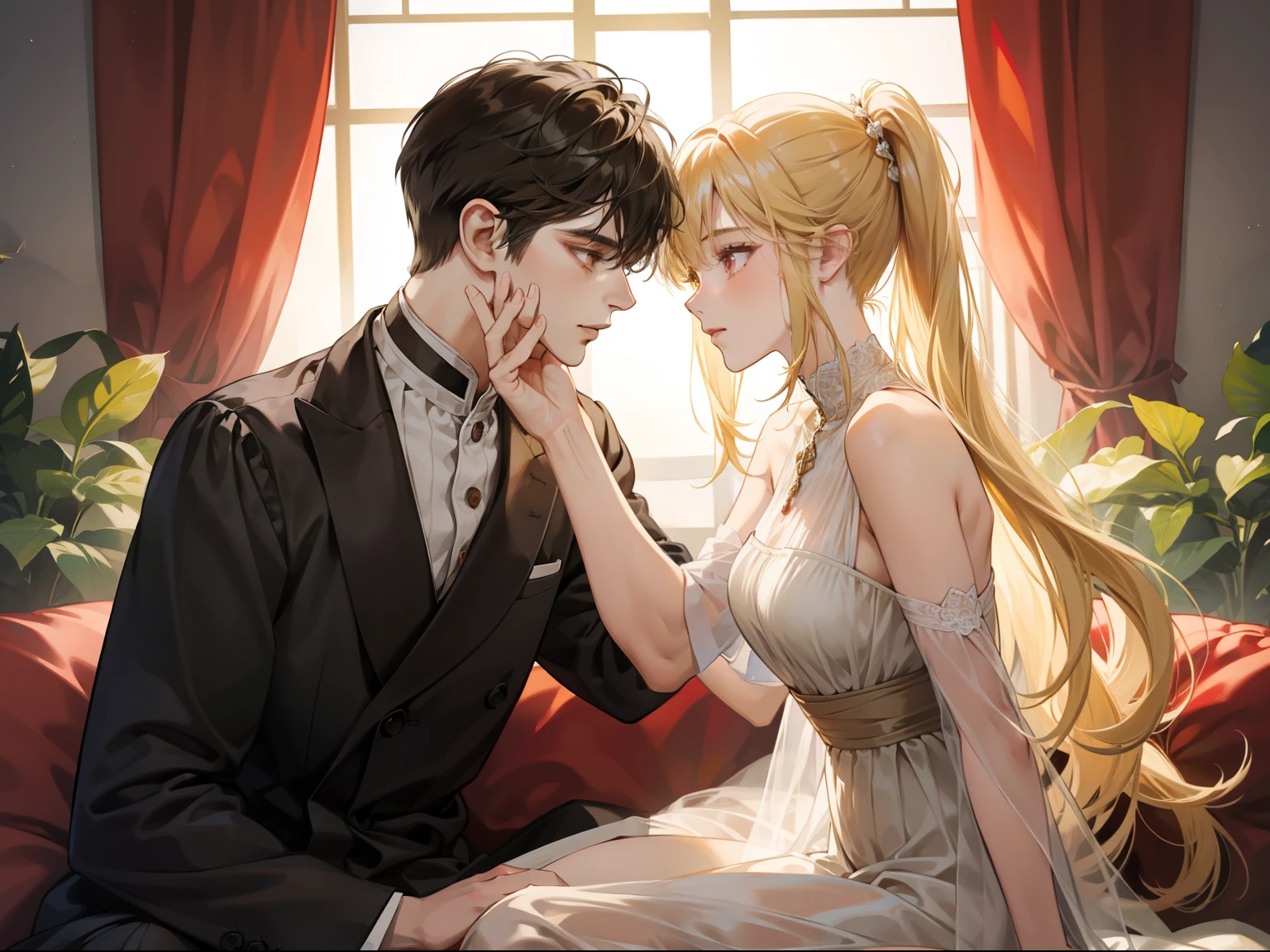 Couple, 1 girl 1 boy, different hair color, long blonde bang hair  side ponytail and brown yellow, short black hair and red eyes, romance, sit on the laps, face to face. elegant long dress