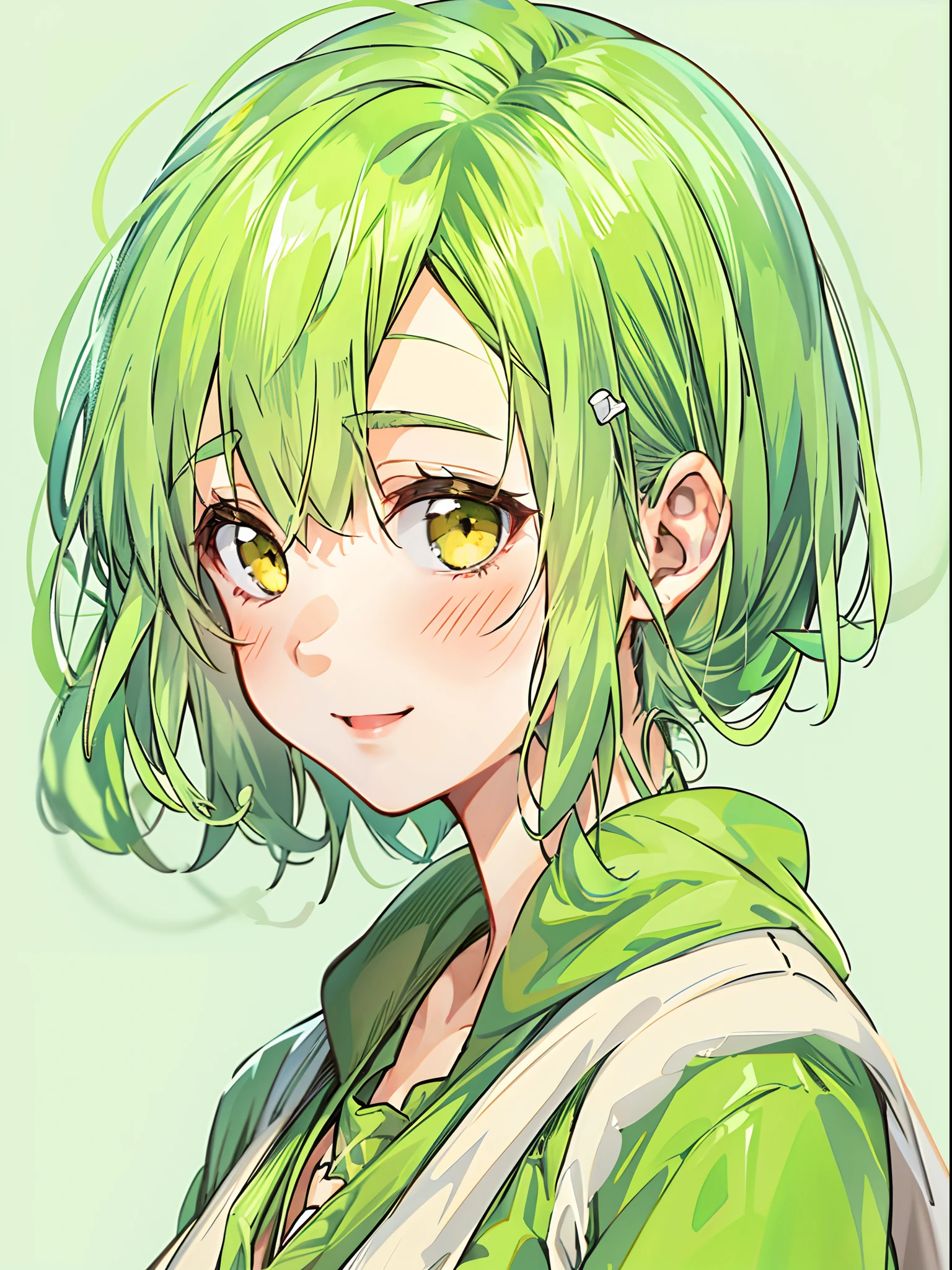 a beauty girl，Yellow-green hair，bobhair、short-hair、Gentle drooping eyes，large full breasts、校服，Manga style，fulcolor，hi-school girl，Calm and gentle face，Big smile、innocent smiles