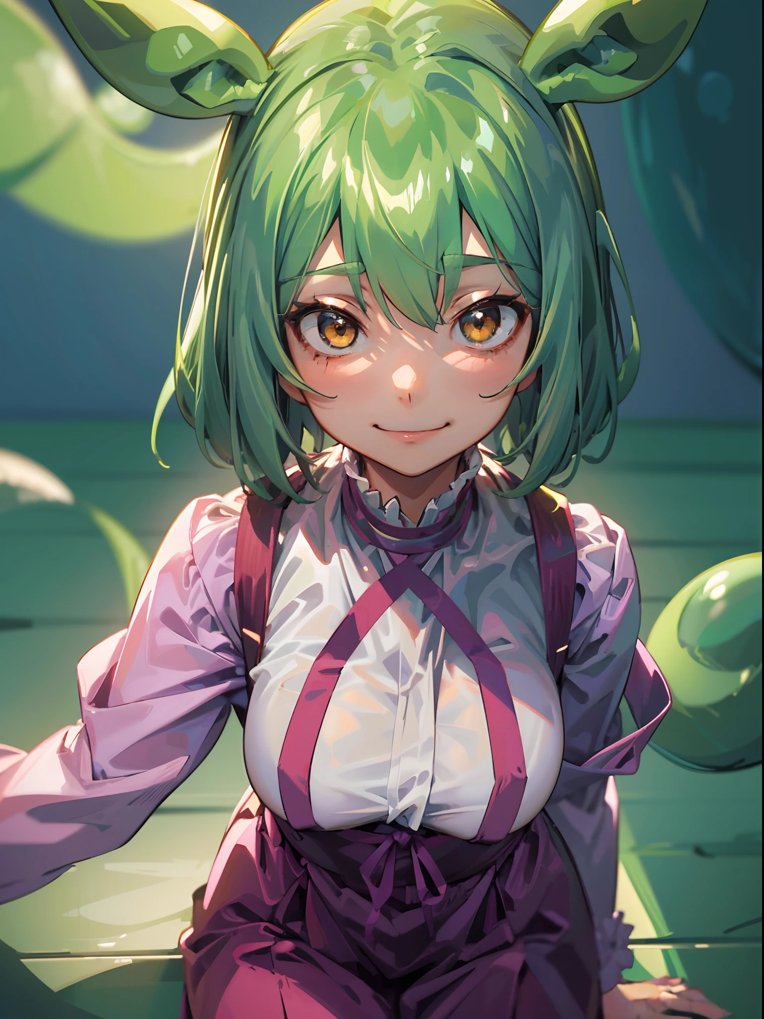 a beauty girl，Yellow-green hair，bobhair、short-hair、Gentle drooping eyes，large full breasts、校服，Manga style，fulcolor，hi-school girl，Calm and gentle face，Big smile、innocent smiles