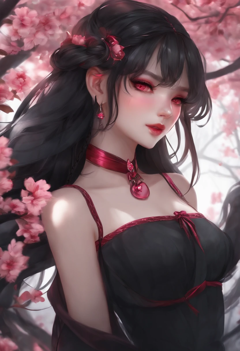 1girl, has long black hair with one braid tied with a pink bow as well as gradient red eyes