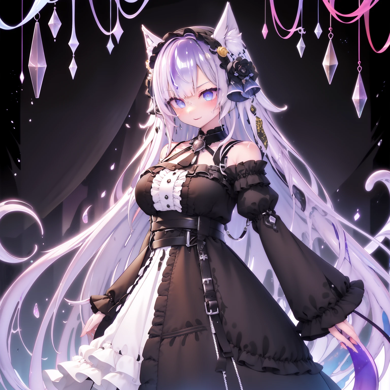 black hair, multicolored hair, curly hair, curtained hair, hair behind ear, long hair, messy hair, very long hair, wavy hair, hair two side up, crystal hair, cloud hair, tentacle hair, jewelry, bell, hair bell, fish hair ornament, jeweled branch of hourai, musical note hair ornament, skull hair ornament, snake hair ornament, dragon horns, whistle around neck, bone hair ornament, orange hairband, flower on head, pink hairband, leaf hair ornament, blue hairband, multicolored eyes, blank eyes, dilated pupils, x-shaped pupils, aqua eyes, glowing eyes, sparkling eyes, white eyes, red eyes, yellow eyes, sanpaku, purple eyes, heterochromia, ringed eyes, orange eyes, pink eyes, amber eyes, fox ears, crystal earrings, crescent earrings, cat ears, kemonomimi mode, ear blush, smile, upper teeth, ahegao, torogao, Surrealism, glowing light, sparkle, anime, Futurism, 8k, super detail, high quality, super detail, high details, best quality, 16k, highres, slime girl, slime,