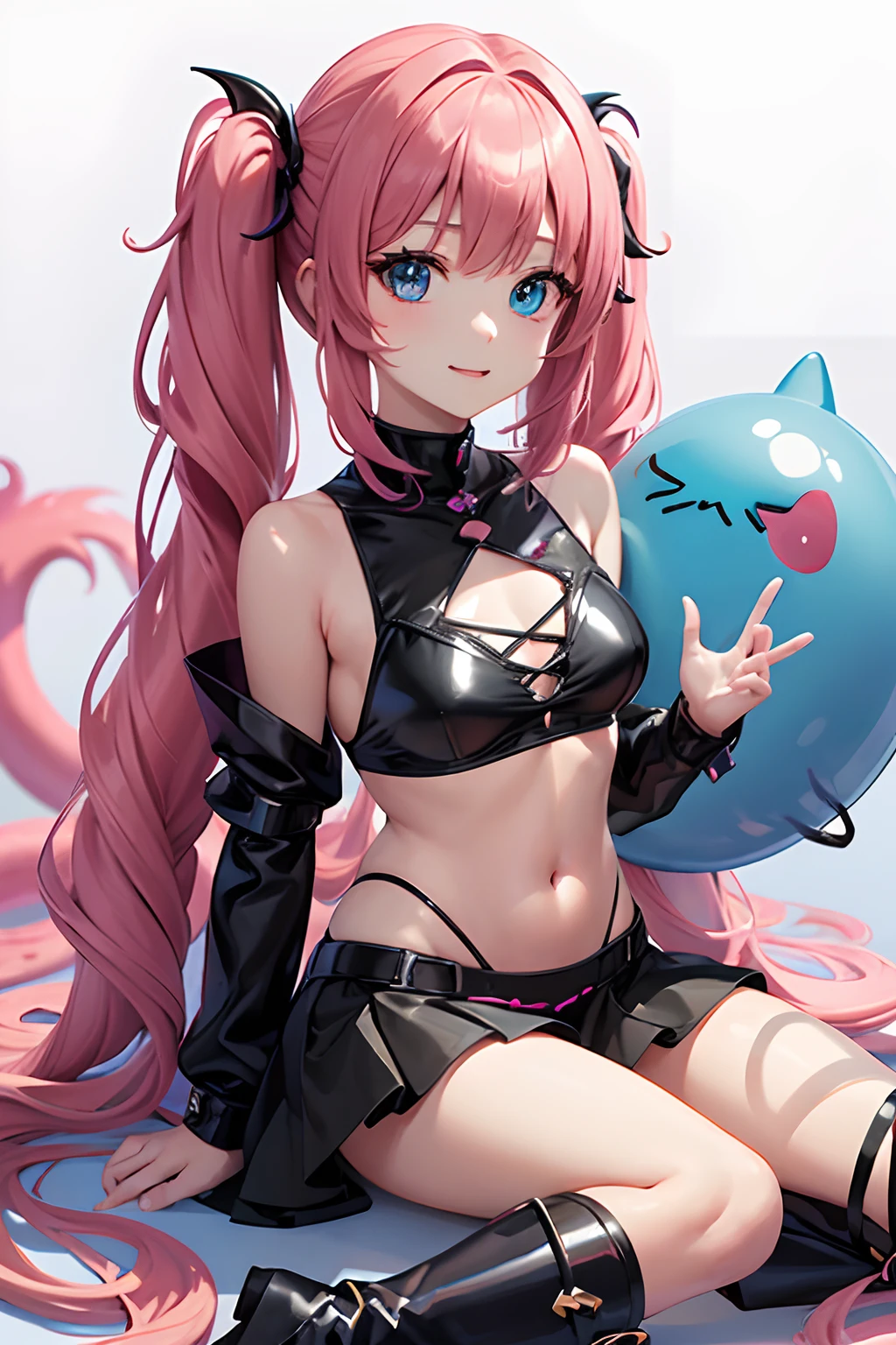 1female、When I was reincarnated, I was a slime character（Mirim）、Demon King Mirim、The body of the masterpiece Mirim、Top Quality Black Bikini Armor、Mirim's Face Accurate、blue eyess、animesque、A pink-haired、Twin-tailed、Proud twintails、long boots、Long boots in red、