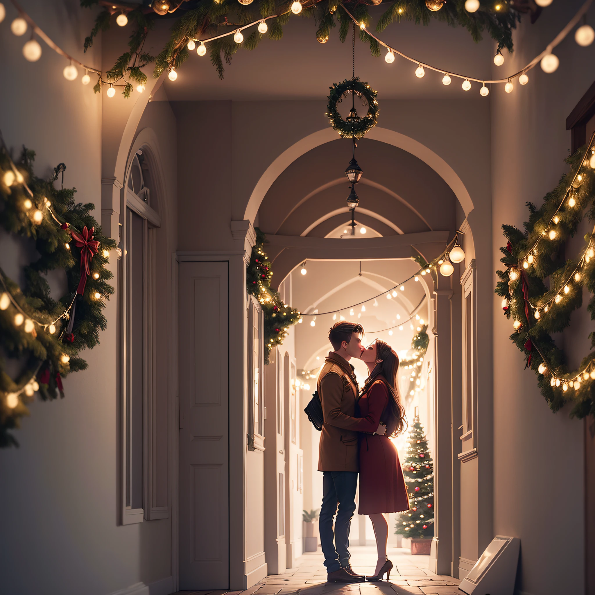 Under the Mistletoe: A romantic setting with mistletoe hanging, soft lights, and a couple sharing a tender holiday kiss.