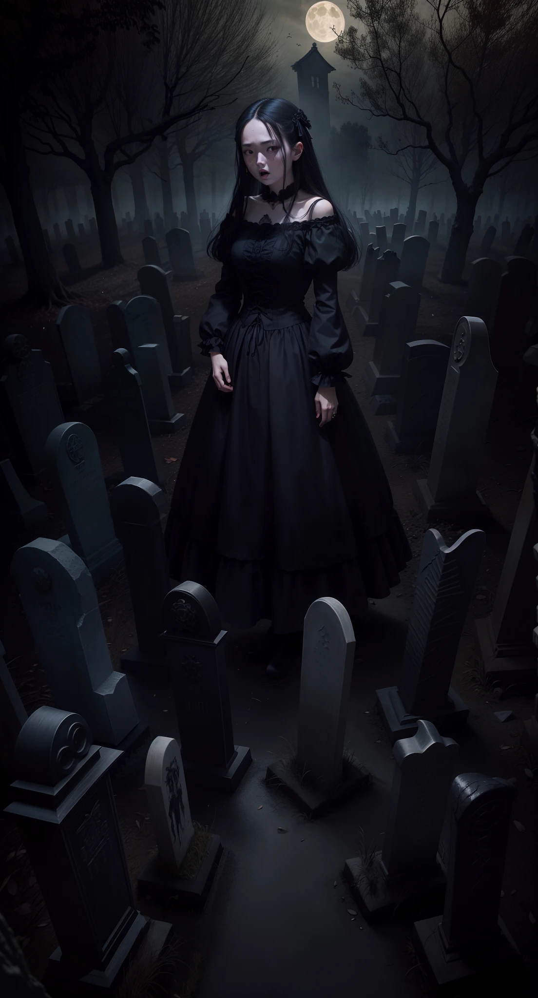 一幅非常详细的哑光画,Haunted graveyard,Sinister shadows,Creepy abandoned house,Malevolent spirits,Bloodcurdling screams,Eerie moonlit forest,Ghostly apparitions,Demonic possession,Torturous nightmares,Desolate asylum,Cursed dolls,Terrifying clowns,Macabre rituals,Grave robbers,Chilling whispers,Possessed mirrors,Haunted paintings,Creaking floorboards,Mysterious disappearances,Forbidden rituals