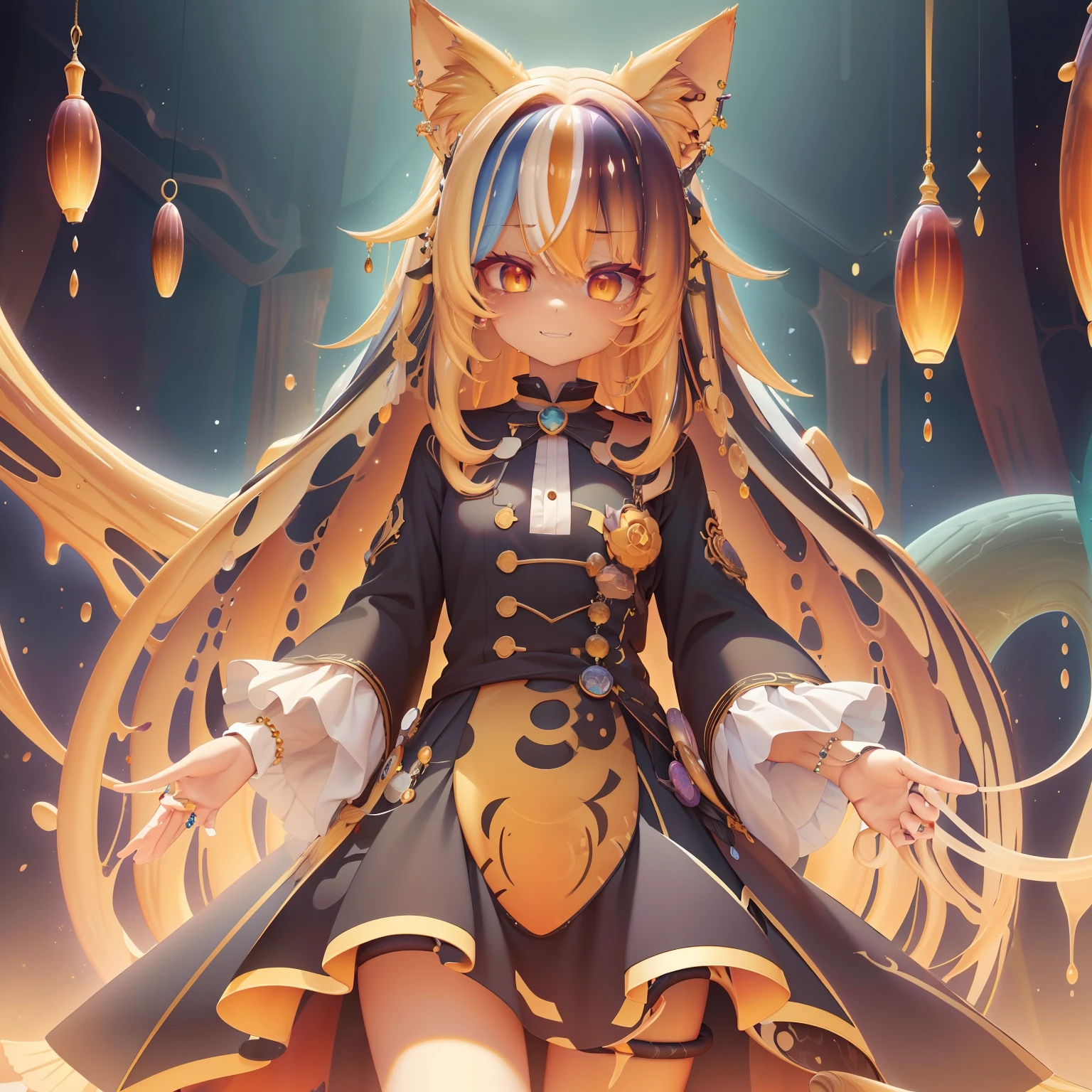 multicolored hair, colored inner hair, gradient hair, ahoge, curly hair, very long hair, bone hair ornament, cat hair ornament, multicolored eyes, empty eyes, dilated pupils, hollow eyes, symbol-shaped pupils, aqua eyes, gradient eyes, amber eyes, colored eyelashes, longeyelashes, fox ears, cat ears, smile, shy, Surrealism, anime, sparkle, glowing light, jpeg artifacts, first-person view, cowboy shot, 8k, super detail, 16k, 8k, best quality, high quality, super detail, masterpiece,