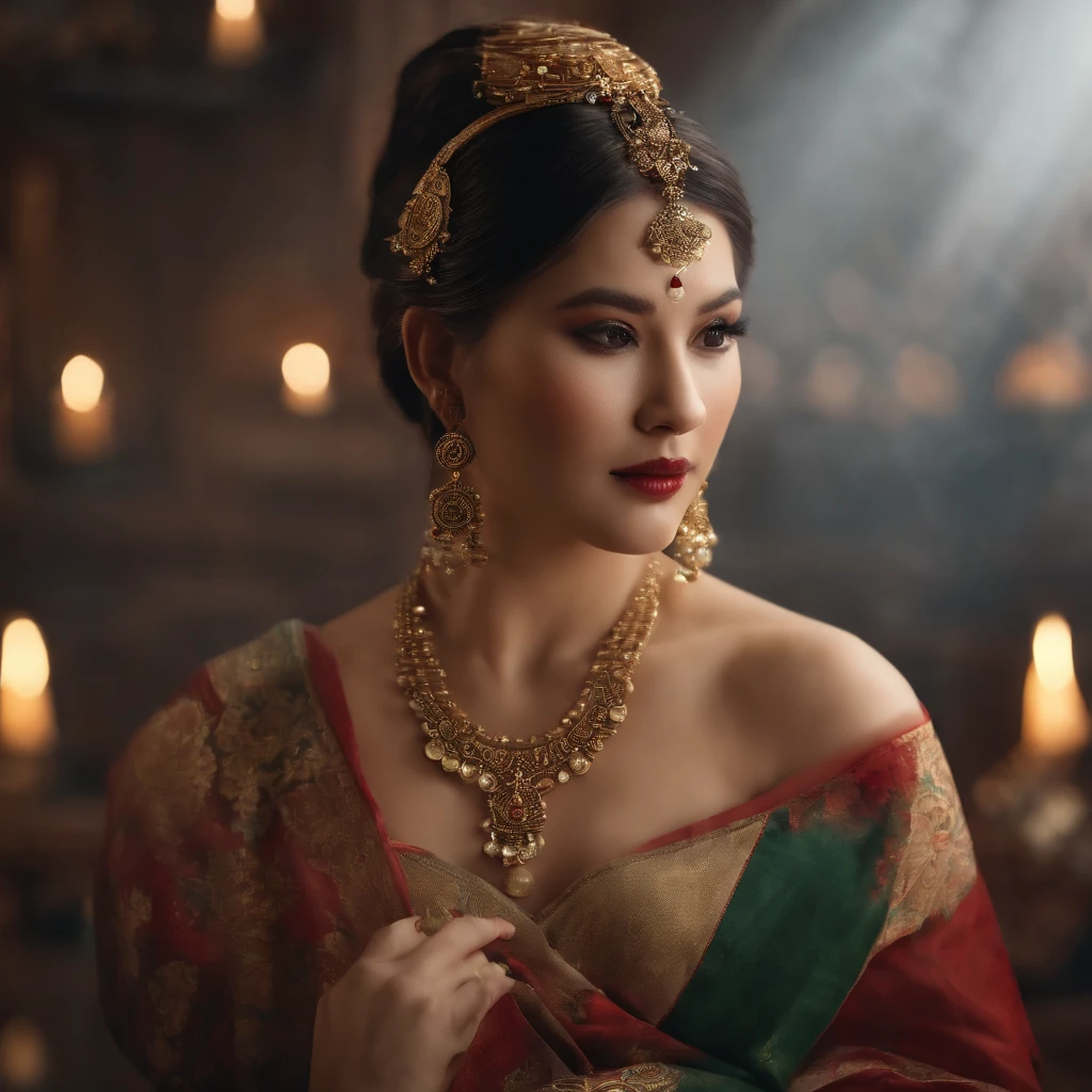 8k，RAW photos，best qualtiy，tmasterpiece：1.2），（realisticlying，Photorealistic and realistic：1.4），（Very detailed CG unity 8k wallpaper），（1个Giant Breast Girl），dance，dunhuang_dress，dunhuang_style，dunhuang_background，Arms up，Gold ornaments，Ancient Chinese hairstyle，gossamer，Streamers，light make-up，eye shadows，Eyebrow nevi，（confront），dynamicposes，Background smoke surrounding，Red and green color scheme，Petals flying,the detail，jewelry，耳Nipple Ring，bangle，bshoulders，complex texture，bust，Guqin，lute