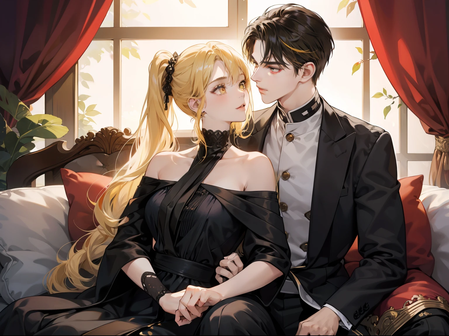 Couple, 1 girl 1 boy, different hair color, long blonde bang hair  side ponytail and yellow eyes, short black hair and red eyes, romance, sit on the laps, face to face. elegant long dress