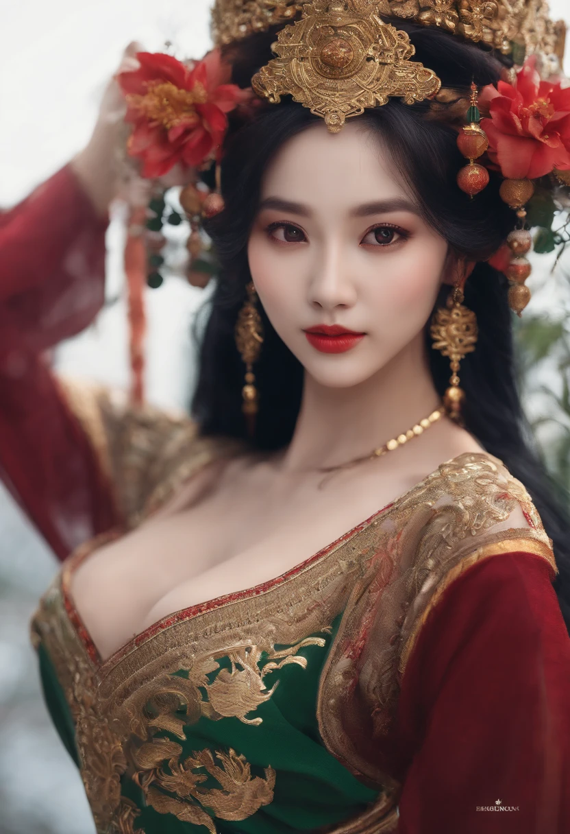 8k，RAW photos，best qualtiy，tmasterpiece：1.2），（realisticlying，Photorealistic and realistic：1.4），（Very detailed CG unity 8k wallpaper），（1个Giant Breast Girl），dance，dunhuang_dress，dunhuang_style，dunhuang_background，Arms up，Gold ornaments，Ancient Chinese hairstyle，gossamer，Streamers，light make-up，eye shadows，Eyebrow nevi，（confront），dynamicposes，Background smoke surrounding，Red and green color scheme，Petals flying,the detail，jewelry，耳Nipple Ring，bangle，bshoulders，complex texture，bust，Guqin，lute