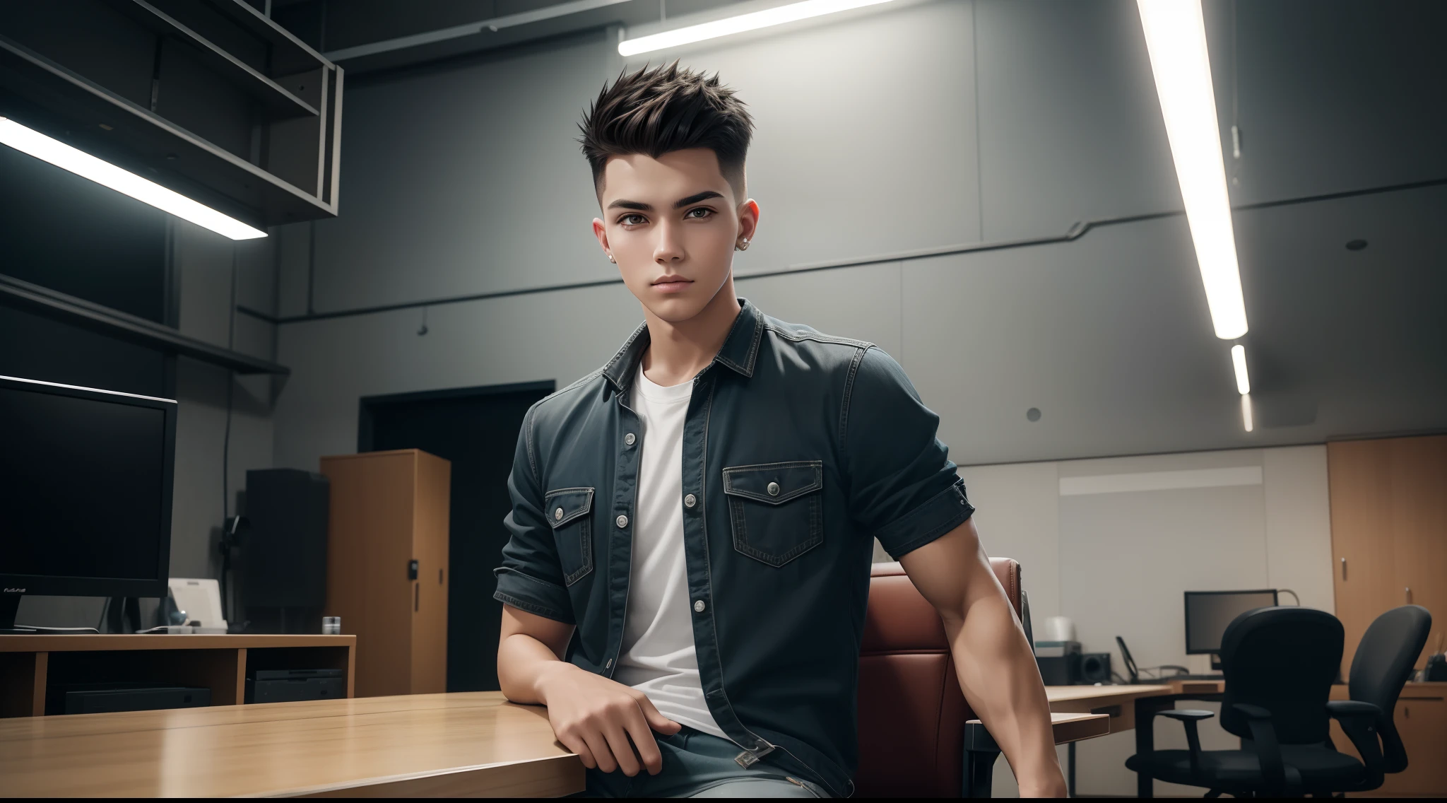 young man name urban legend with short spiky hair in Studio co seeing camera front sit on chair alone show full body wearing shirt