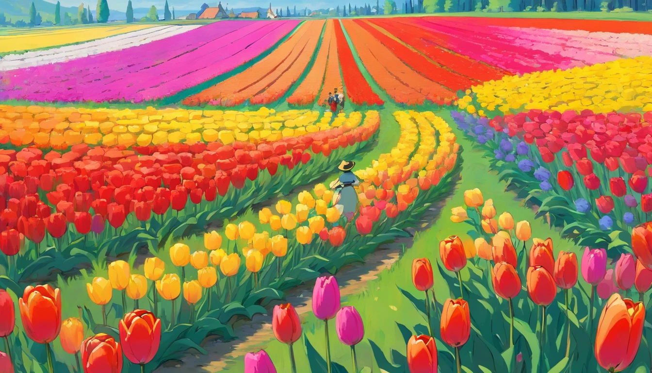 A masterpiece of canvas in the style of Claude Monet,Tulip fields in the Netherlands