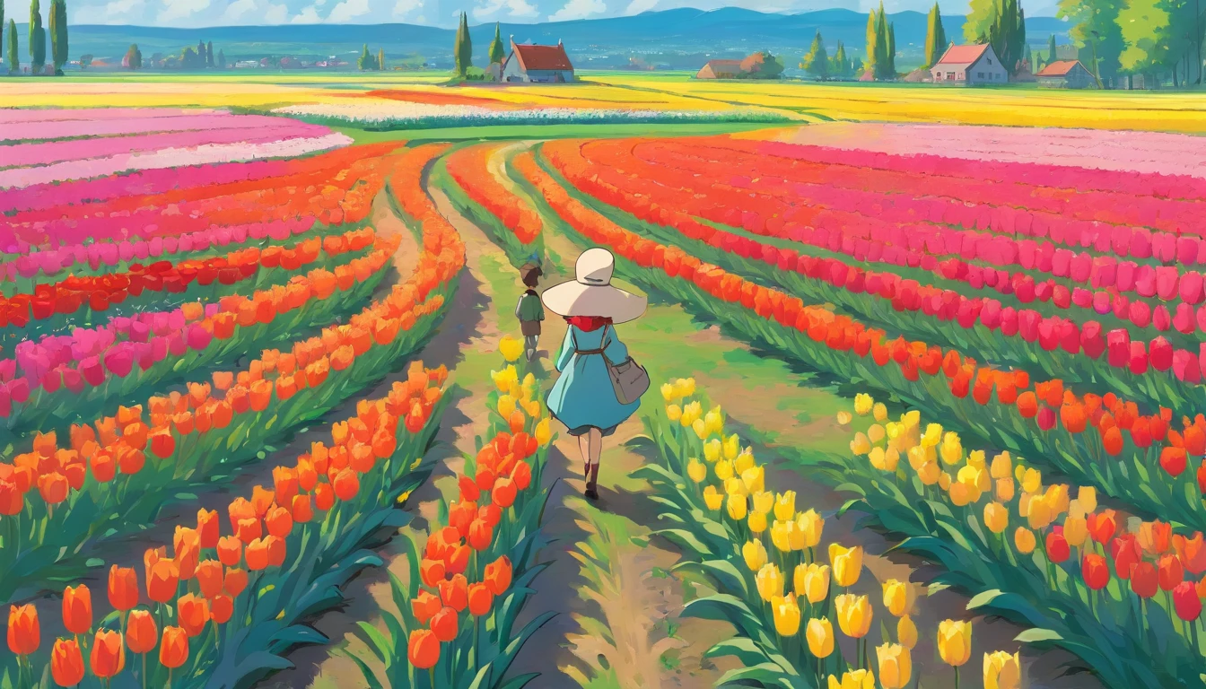 A masterpiece of canvas in the style of Claude Monet,Tulip fields in the Netherlands