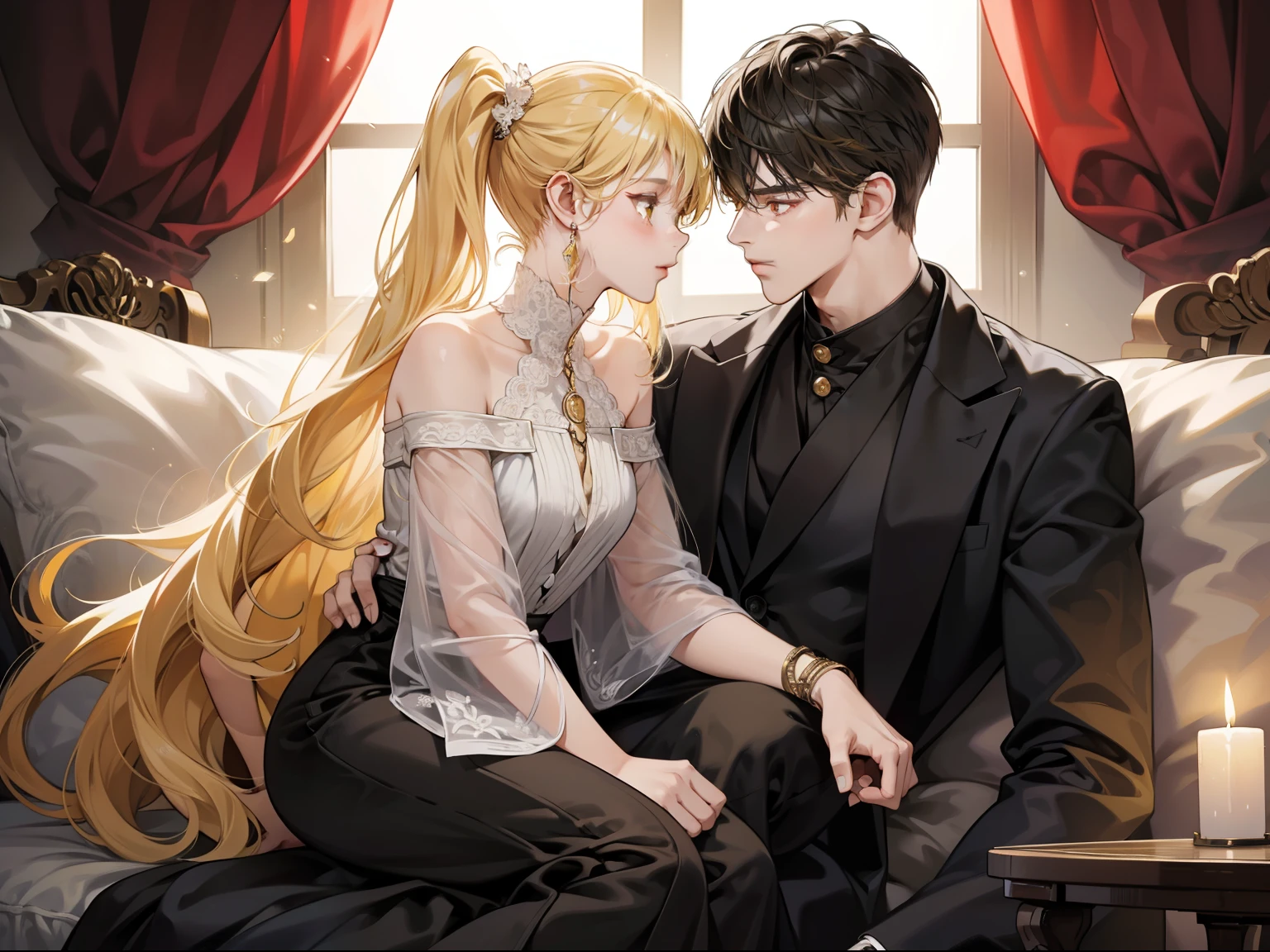 Couple, 1 girl 1 boy, different hair color, long blonde bang hair side ponytail and yellow eyes, short black hair and red eyes, romance, sit on the laps, face to face. elegant long dress
