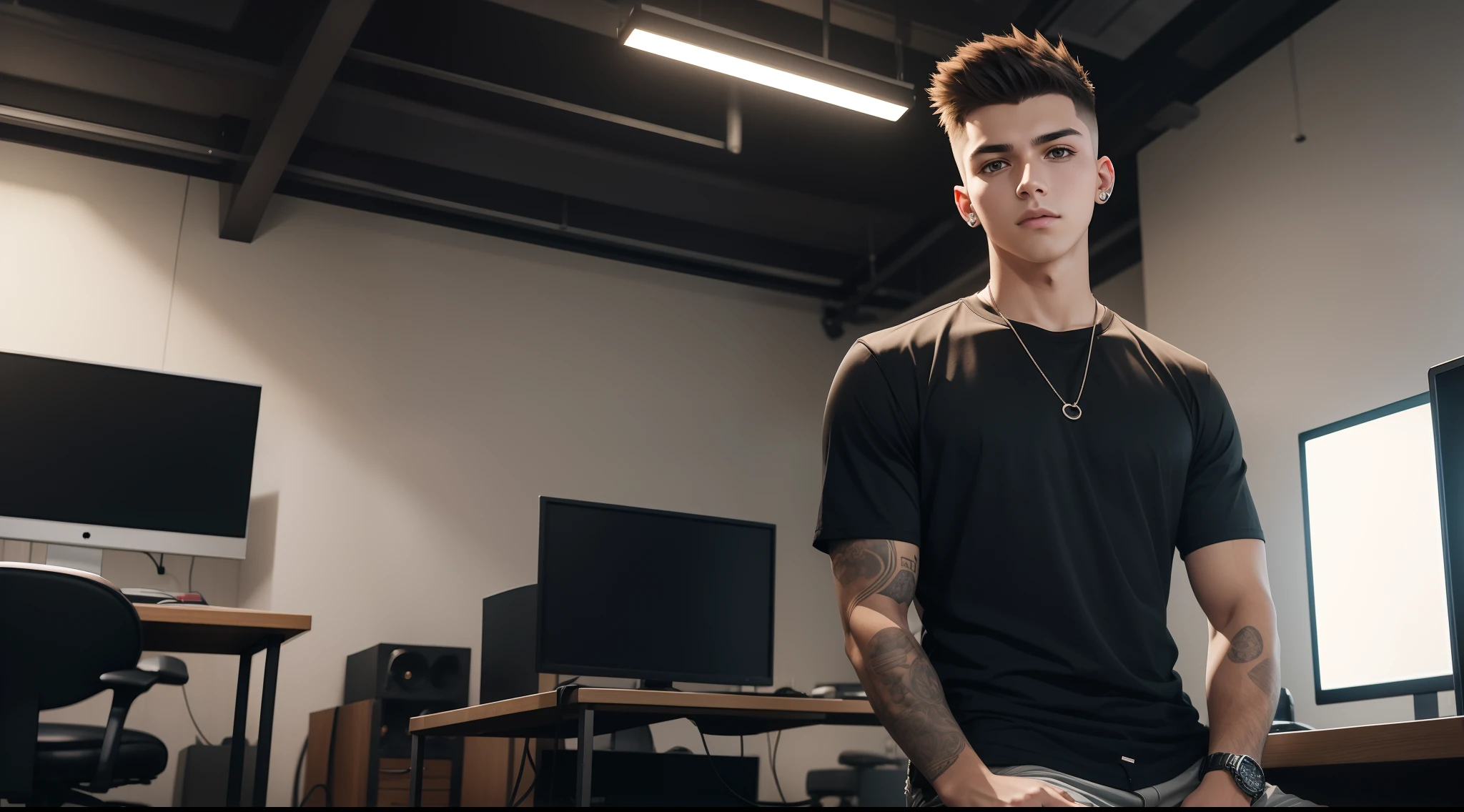 young man name urban legend with short spiky hair in Studio co seeing camera front sit on chair alone show full body wearing shirt