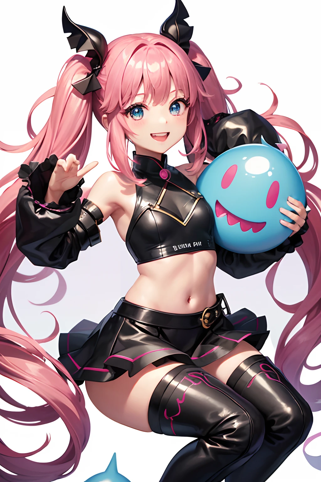 1female、When I was reincarnated, I was a slime character(Mirim)、Demon King Mirim、The body of the masterpiece Mirim、Top Quality Black Bikini Armor、Mirim's Face Accurate、blue eyess、animesque、A pink-haired、Twin-tailed、Proud twintails、long boots、Long boots in red、small tits、a smile、huge smile、