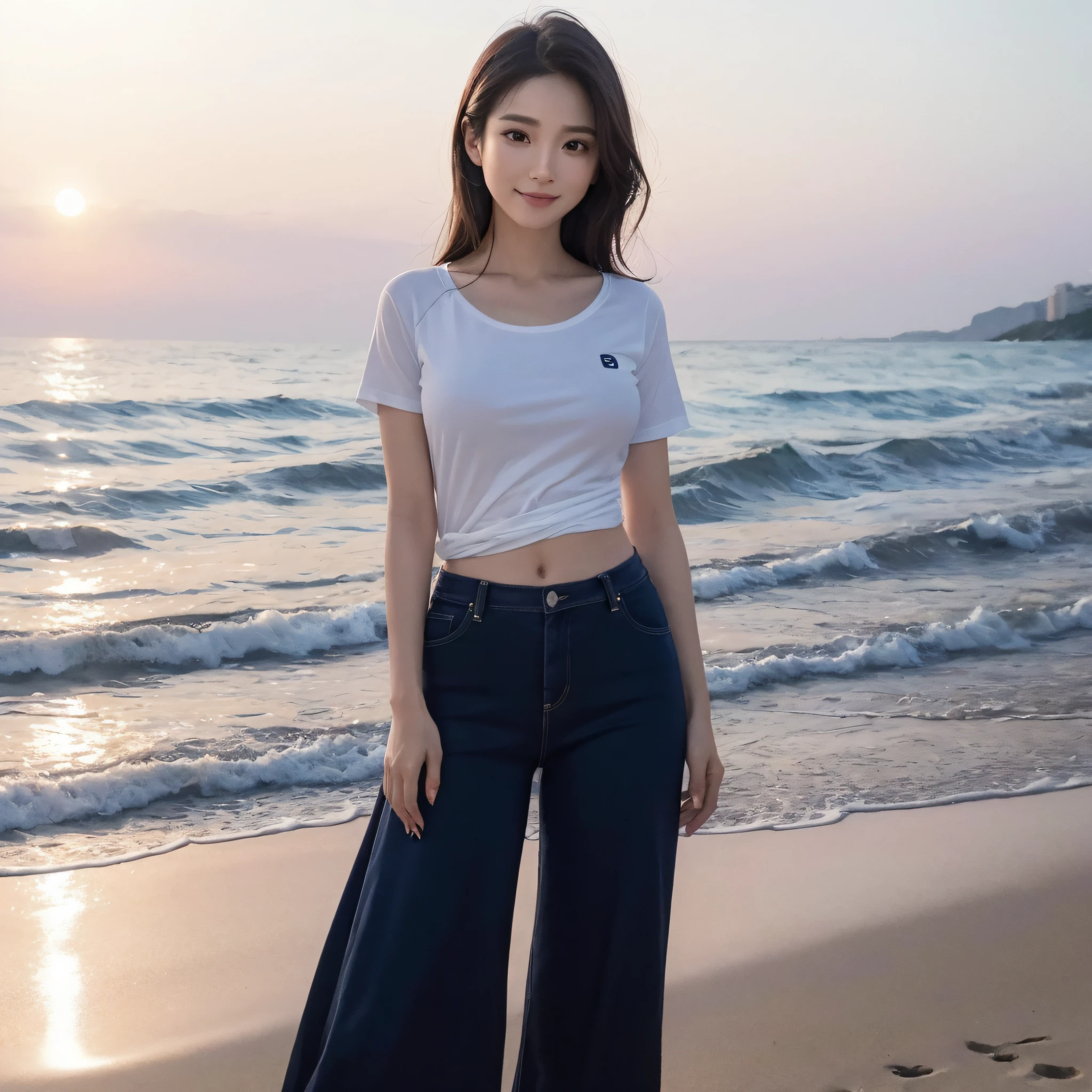 One lady、((best qualtiy、8k masterpieces:1.3))、foco nítido:1.2、(ultra beautiful faces:1.0)、(shinny skin:1.0)、photos realistic、A dark-haired、Video Lighting、High-definition eyes and face、Video Lighting、Japan actress with Korean-style makeup、from the front side、medium breasts、Smile、Slender Abs Beauty、Whole body、wearing t-shirts、On the beach at night