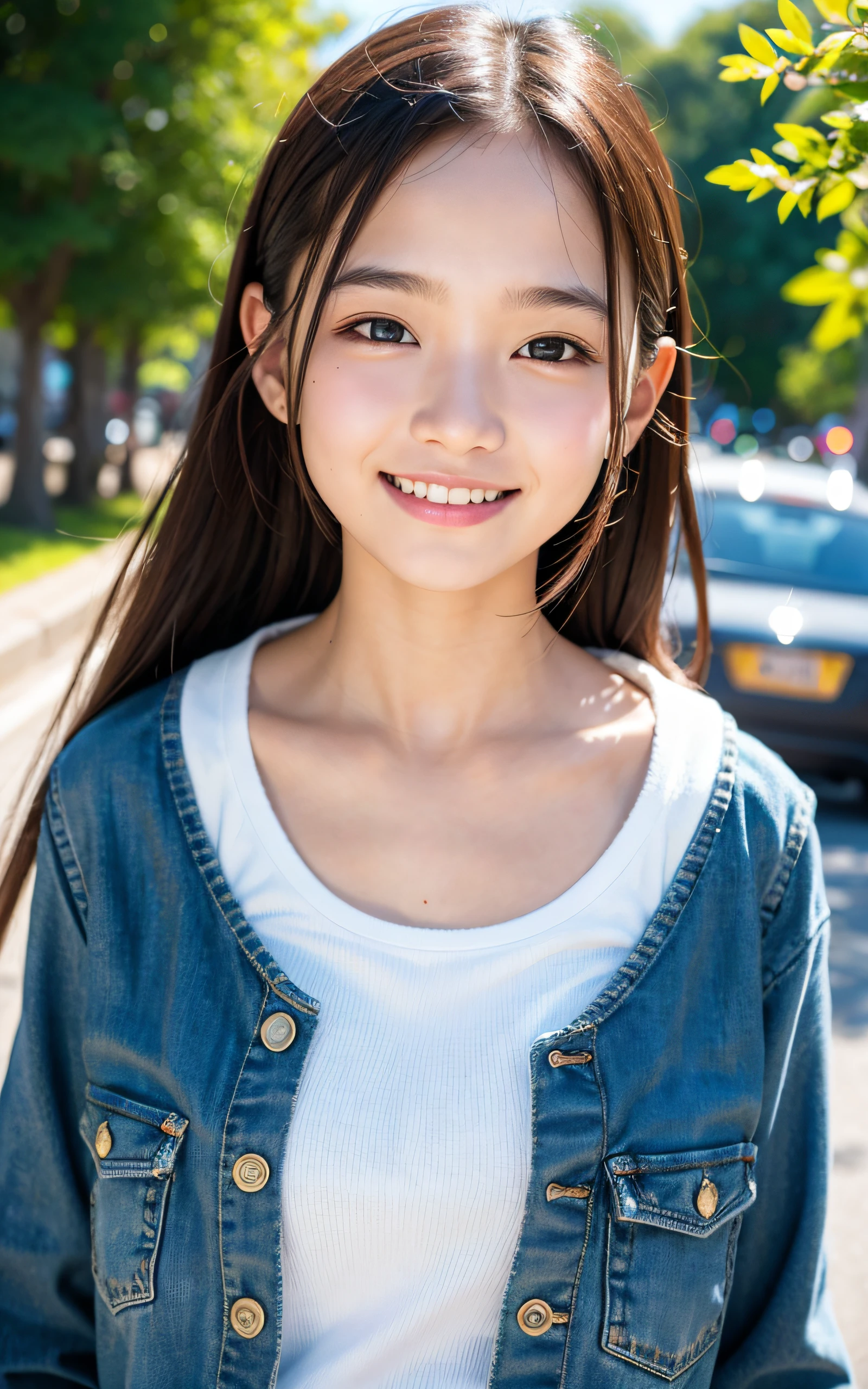 masutepiece, Best Quality, 8K, 1girl in, Good Hand, 14 yo, Lively, Active, Life Force, Luminescent, Looking away, Raw photo, F/1.8, 135 mm, NIKON, Anatomically correct, Bokeh，Textured skin, Professional Photography, Portrait, Soft light, Professional Lighting, Solo, (Smile), Cute, Girly, Digital SLR, Film grain, (Eyes and faces with detailed:1.0), 8K Wallpaper, Residential area