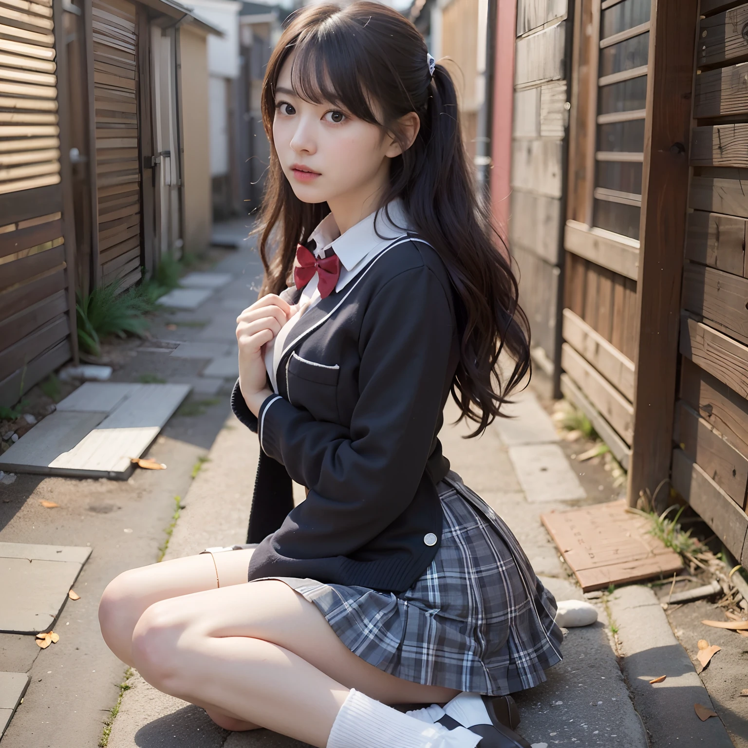 ((full body:1.4)), (masterpiece, best quality:1.2), cowboy shot, solo, 1girl, yukinoshita yukino, smile, open mouth, looking at viewer, ((sitting on floor)), ((spread legs)), ((playground background)), black shadow eye, make up, school uniform, black jacket, plaid skirt, black stockings, ((black school shoes))