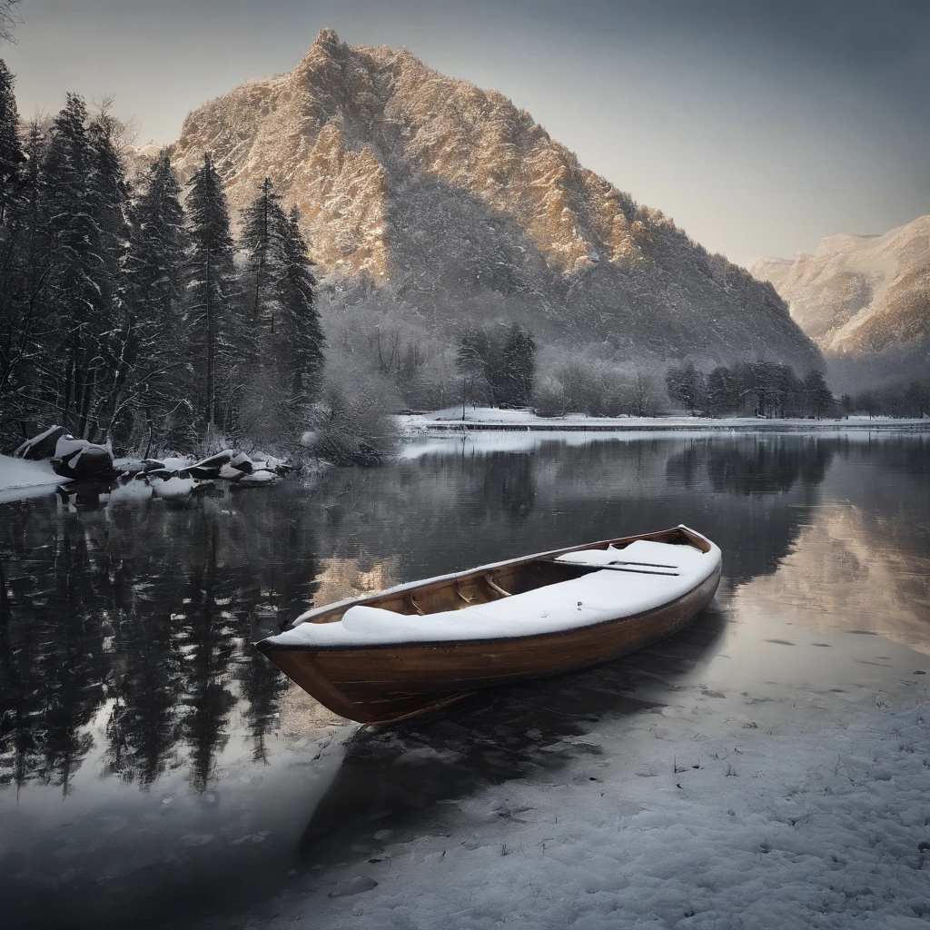 tmasterpiece,Best quality at best,high qulity,the Extremely Detailed CG Unity 8K Wallpapers,By the West Lake。Heavy snow fell for several days in a row,There are no tourists in the lake,It's early in the day,I hold a small boat,Wrapped in a fine fur coat,With a stove,Look at the snow。The lake is filled with ice flowers,daysies、clouds、mont、Water mixes into one,It's white。Shadow on the lake,There is only a trace of the West Lake causeway faintly peeking in the snow,A little of the silhouette of the lake pavilion,And my one-leaf boat,Two or three figures in the boat。 Arrived at the Lake Pavilion,I saw two people laying out felt,Sit opposite each other,A boy is boiling the wine in the wine oven。award winning photography,Background bokeh,depth of fields,HDR,blooms,color difference,真实感,The is very detailed,Trends on Artstation,Trends on CGSociety,iintricate,high detal,dramatics,Midjourney art