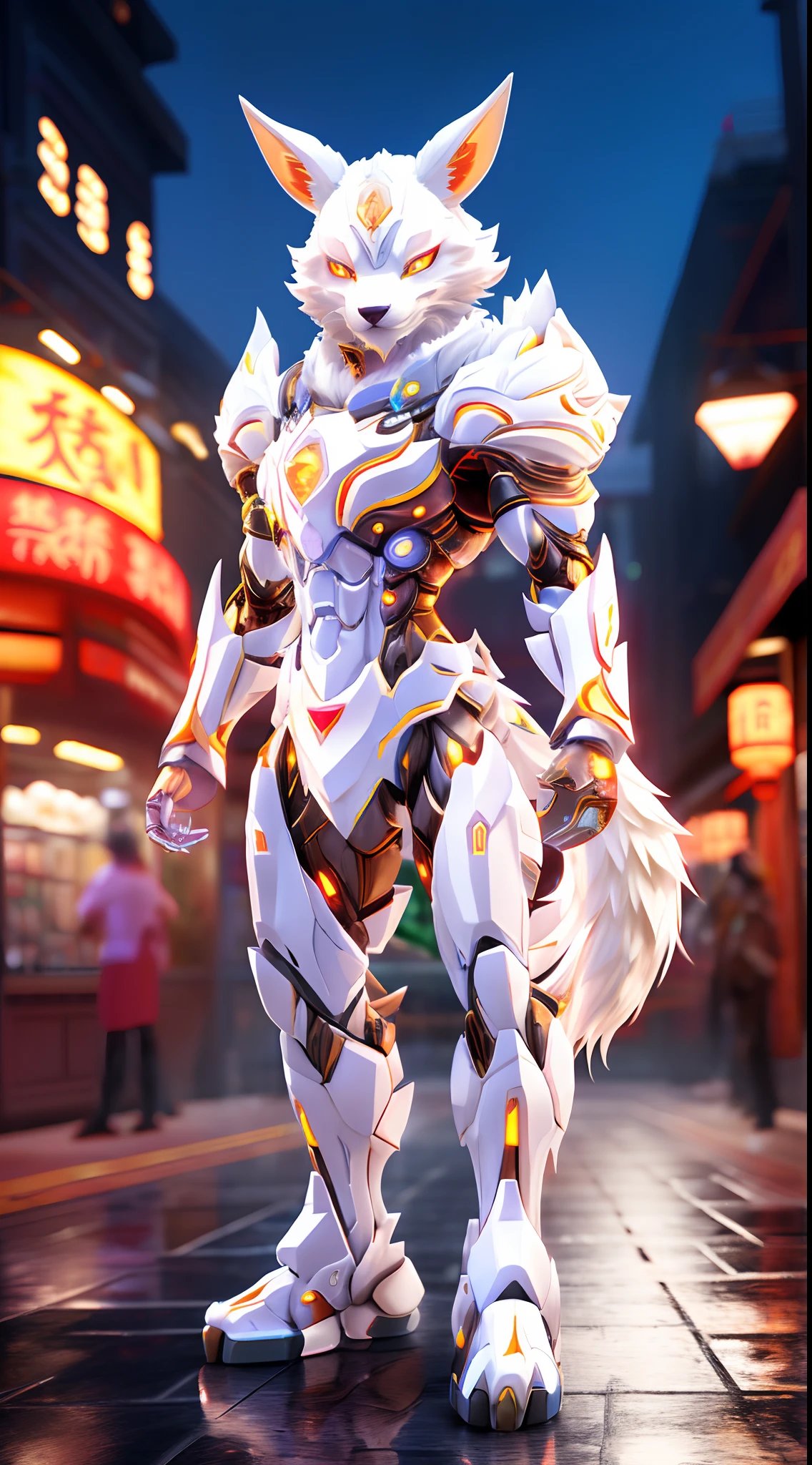 CHINESE WHITE FOX, FOX HEAD, Heterochromia eye, CRYSTAL ARMOR, TRANSPARANT, MUSCLE BODY.