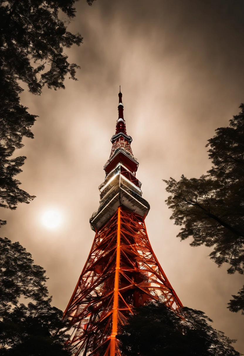 ((Tokyo Tower)) Looking up from directly below, cinematic lightening, ((Night with moonlight and stars)), Core Low Key, top-quality, Hyper-Resolution, Hyper-Realism, sharpness、realisitic、Live Action