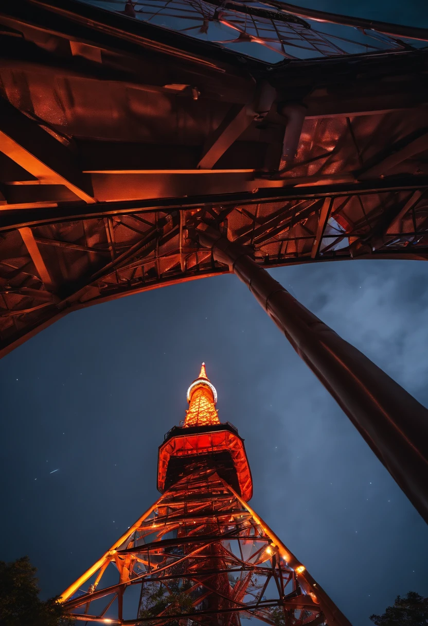 ((Tokyo Tower)) Looking up from directly below, cinematic lightening, ((Night with moonlight and stars)), Core Low Key, top-quality, Hyper-Resolution, Hyper-Realism, sharpness、realisitic、Live Action