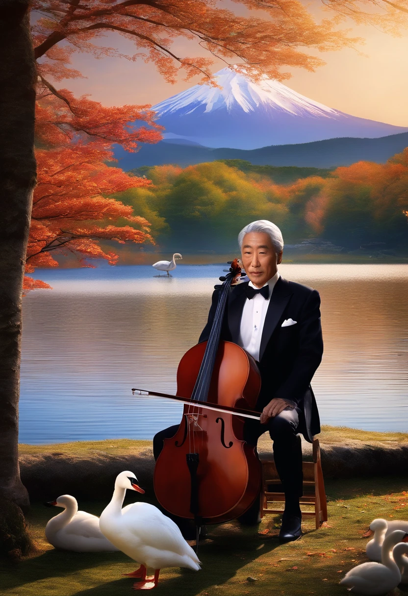 (best quality, realistic, photorealistic:1.37), elegant, Japanese male in his 70s wearing a tuxedo, playing the cello, by the lakeside of Lake Yamanaka, Mount Fuji visible in the distance, with swans swimming on the lake, vibrant colors, soft lighting