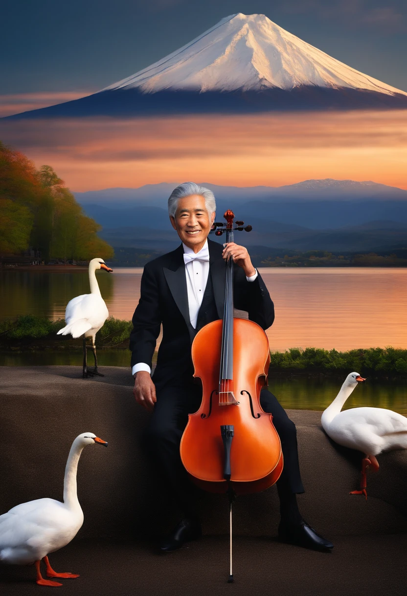 (best quality, realistic, photorealistic:1.37), elegant, Japanese male in his 70s wearing a tuxedo, playing the cello, by the lakeside of Lake Yamanaka, Mount Fuji visible in the distance, with swans swimming on the lake, vibrant colors, soft lighting