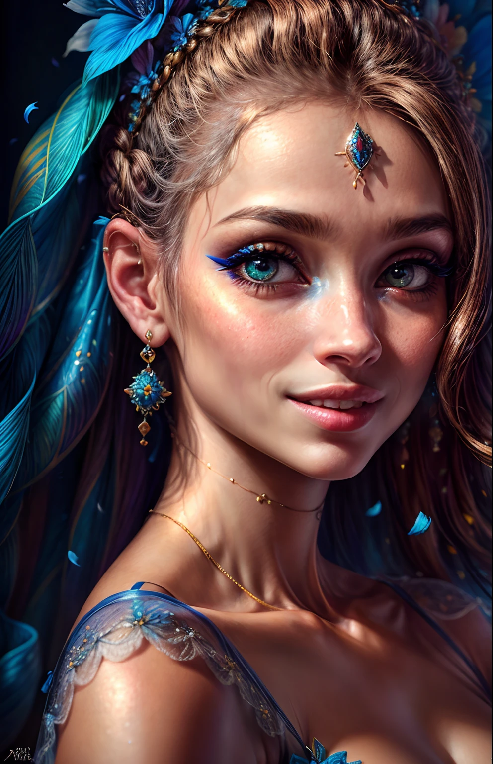 Studio portrait, fundo floral e misterioso, uma mulher Elfa princesa de 20 anos com estilo celta, (((cor do ruivo))),(Colouring),(olhos bonitos finamente detalhados e rosto detalhado, flowers in head,Cinematic lighting,extremamente detalhado CG unidade 8k papel de parede,((flying petal)),(Prado florido), (((vestido azul detalhado))), , estilo cool, alto fundo detalhado , gorgeous, elegante, colar de ouro simples, dynamic pose, Realistic, detailed face expression, belo rosto hipnotizante, Feliz, Sorriso aberto, (Olhos azuis Brilhantes:1.14), pele da vida real, 8k, detalhes intrincados, professional lighting, tiro de corpo inteiro, dynamic angle shot