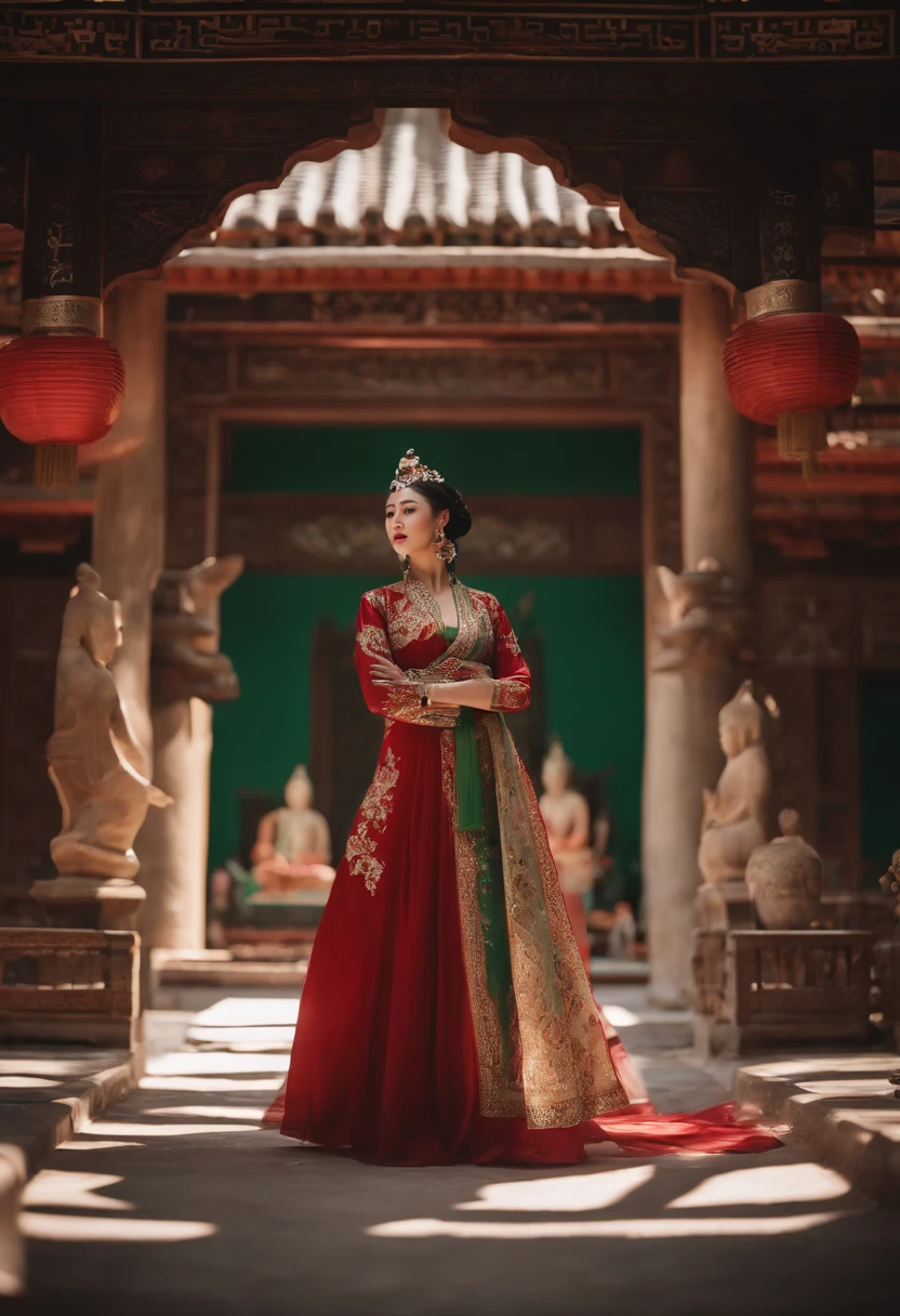 8K，RAW photos，best qualtiy，tmasterpiece：1.2），（realisticlying，Photorealistic and realistic：1.4），（Very detailed CG unity 8K wallpaper），（1个Giant Breast Girl），Dance，dunhuang_dress，dunhuang_Style，dunhuang_Background，Arms up，Gold ornaments，Ancient Chinese hairstyle，gossamer，Streamers，light make-up，eye shadows，Eyebrow nevi，（confront），dynamicposes，Background smoke surrounding，Red and green color scheme，Petals flying,the detail，jewelry，耳Nipple Ring，bangle，bshoulders，complex texture，Bust，Guqin，lute