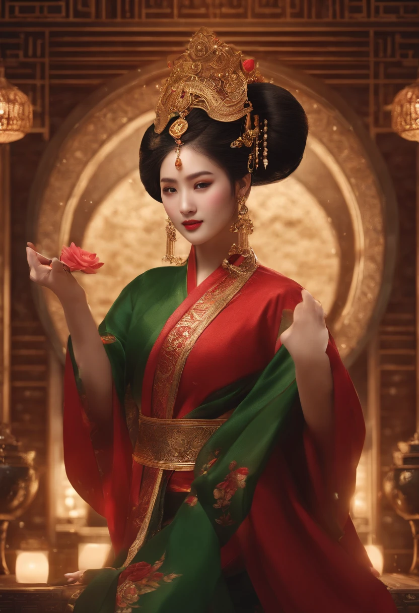 8K,RAW photos,best qualtiy,tmasterpiece:1.2),(realisticlying,Photorealistic and realistic:1.4),(Very detailed CG unity 8K wallpaper),(1个Giant Breast Girl),Dance,dunhuang_dress,dunhuang_Style,dunhuang_Background,Arms up,Gold ornaments,Ancient Chinese hairstyle,gossamer,Streamers,light make-up,eye shadows,Eyebrow nevi,(confront),dynamicposes,Background smoke surrounding,Red and green color scheme,Petals flying,the detail,jewelry,耳Nipple Ring,bangle,bshoulders,complex texture,Bust,Guqin,lute