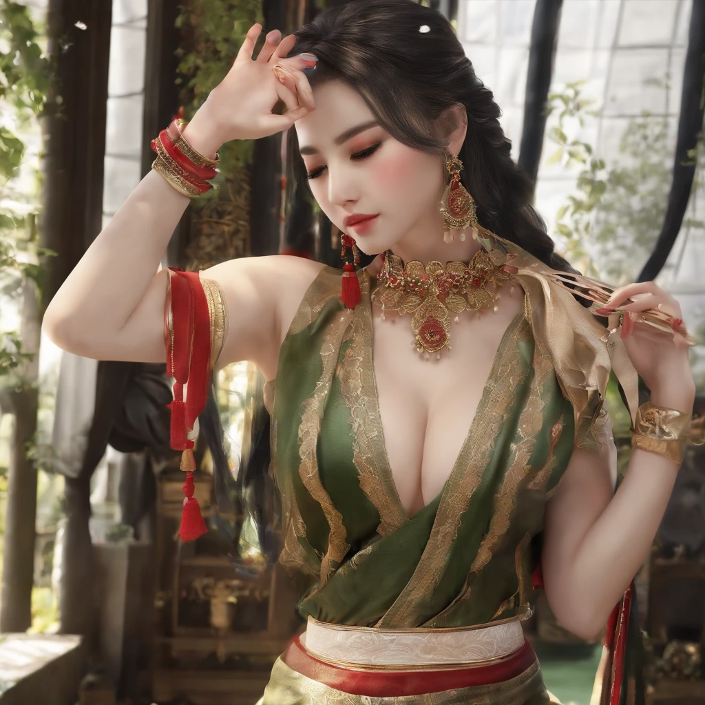 8K，RAW photos，best qualtiy，tmasterpiece：1.2），（realisticlying，Photorealistic and realistic：1.4），（Very detailed CG unity 8K wallpaper），（1个Giant Breast Girl），Dance，dunhuang_dress，dunhuang_Style，dunhuang_Background，Arms up，Gold ornaments，Ancient Chinese hairstyle，gossamer，Streamers，light make-up，eye shadows，Eyebrow nevi，（confront），dynamicposes，Background smoke surrounding，Red and green color scheme，Petals flying,the detail，jewelry，耳Nipple Ring，bangle，bshoulders，complex texture，Bust，Guqin，lute